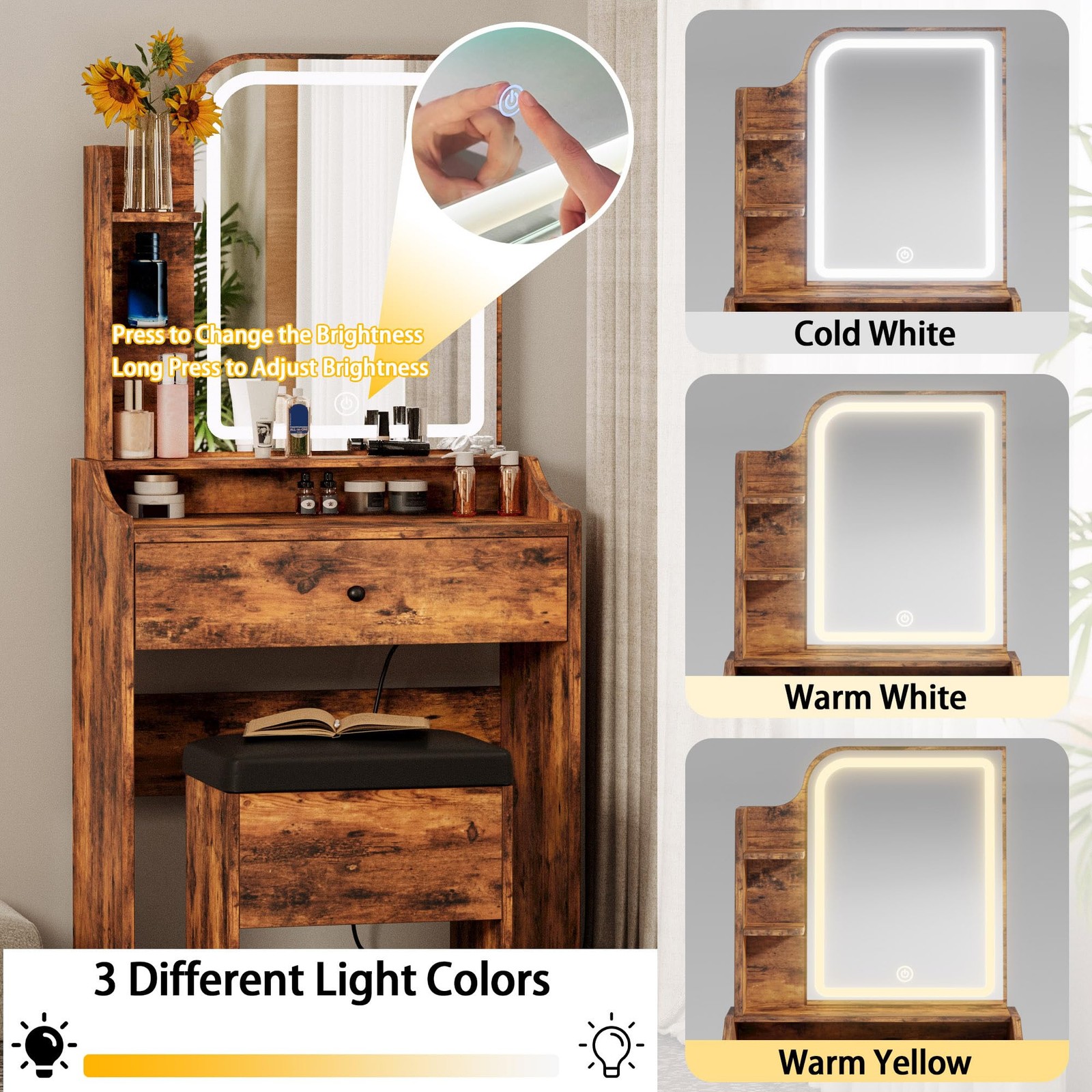 LIKIMIO Small Makeup Vanity Desk with Mirror and Lights, Vanity Table Set with S