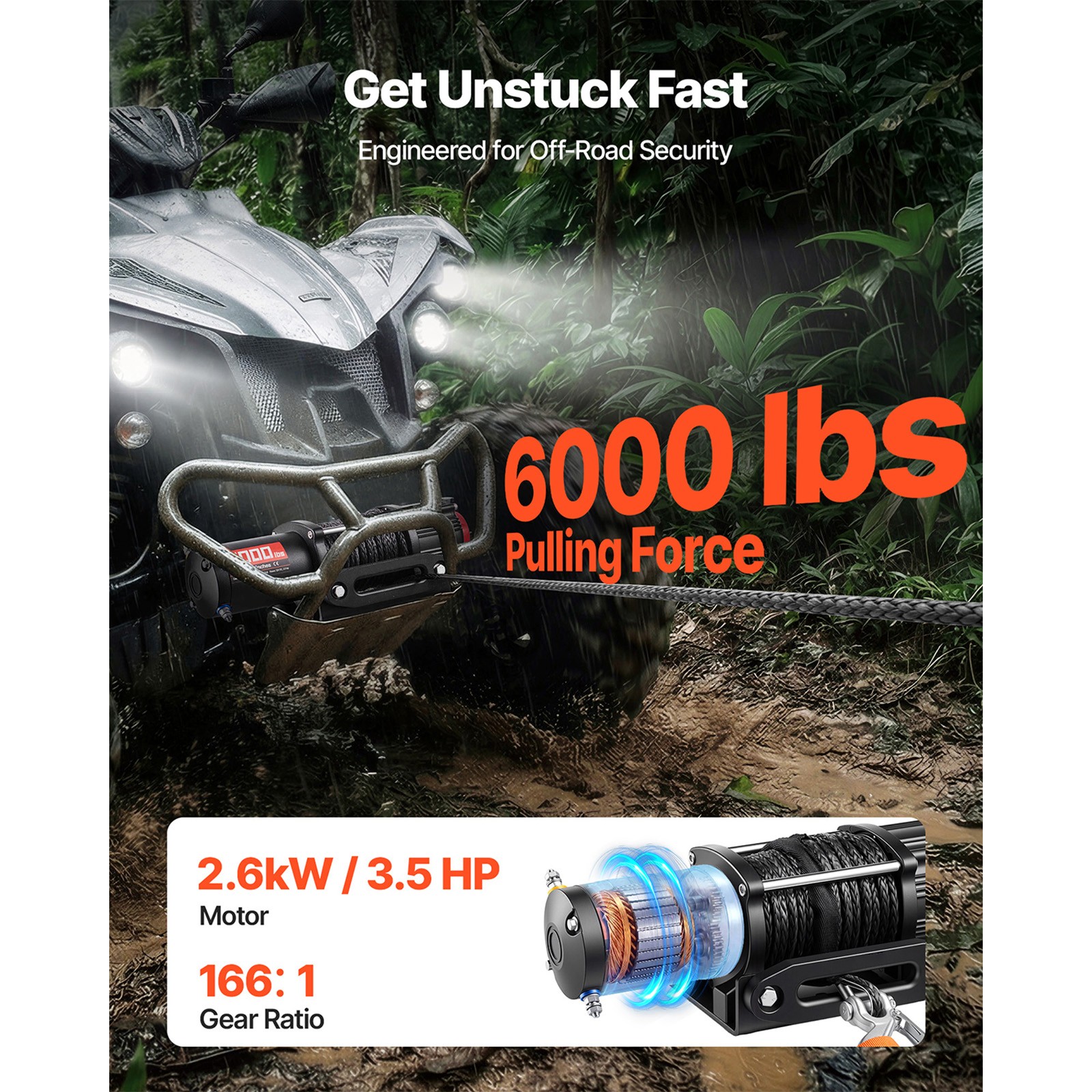 Uimoso 6000 lbs Electric Winch 12V with Synthetic Rope & Wireless Remote Control