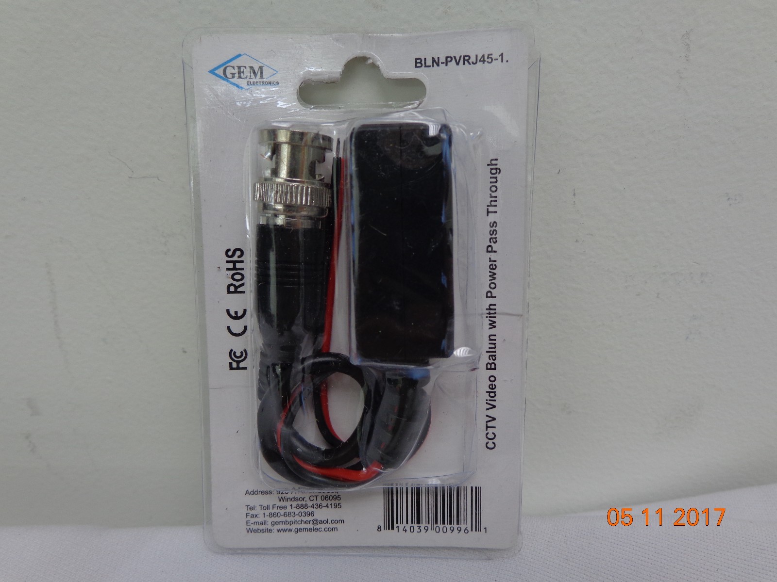 Gem Electronics BLNPVRJ451 CCTV Balun BNC Plug With Power Lds to RJ45