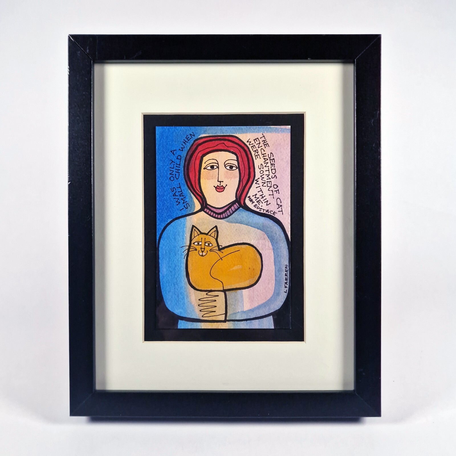 Lynne Farren Watercolor Painting Cat Held by Woman with Quote by May Eustace PNW