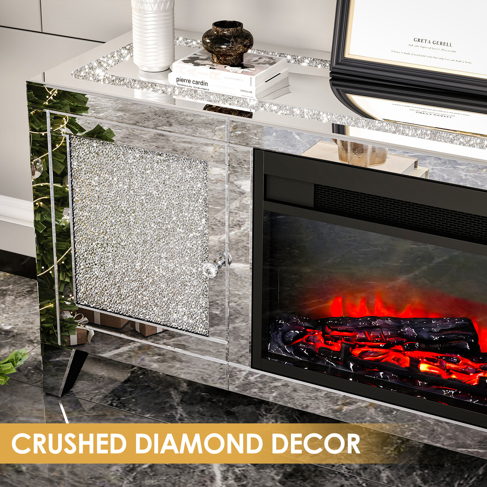 COSVALVE 59"Mirrored Fireplace TV Stand Entertainment Center Crush Diamond 2Door