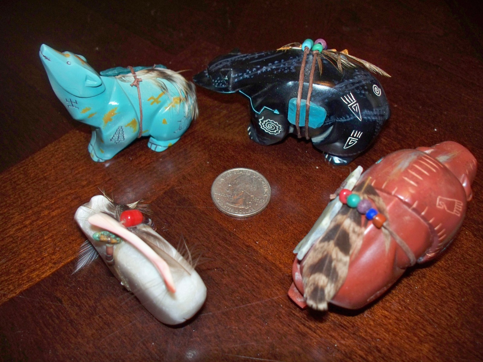 Lot of 4 Zuni Native American Carved Stone Bison Bear HC 2000 Fetish Figurines