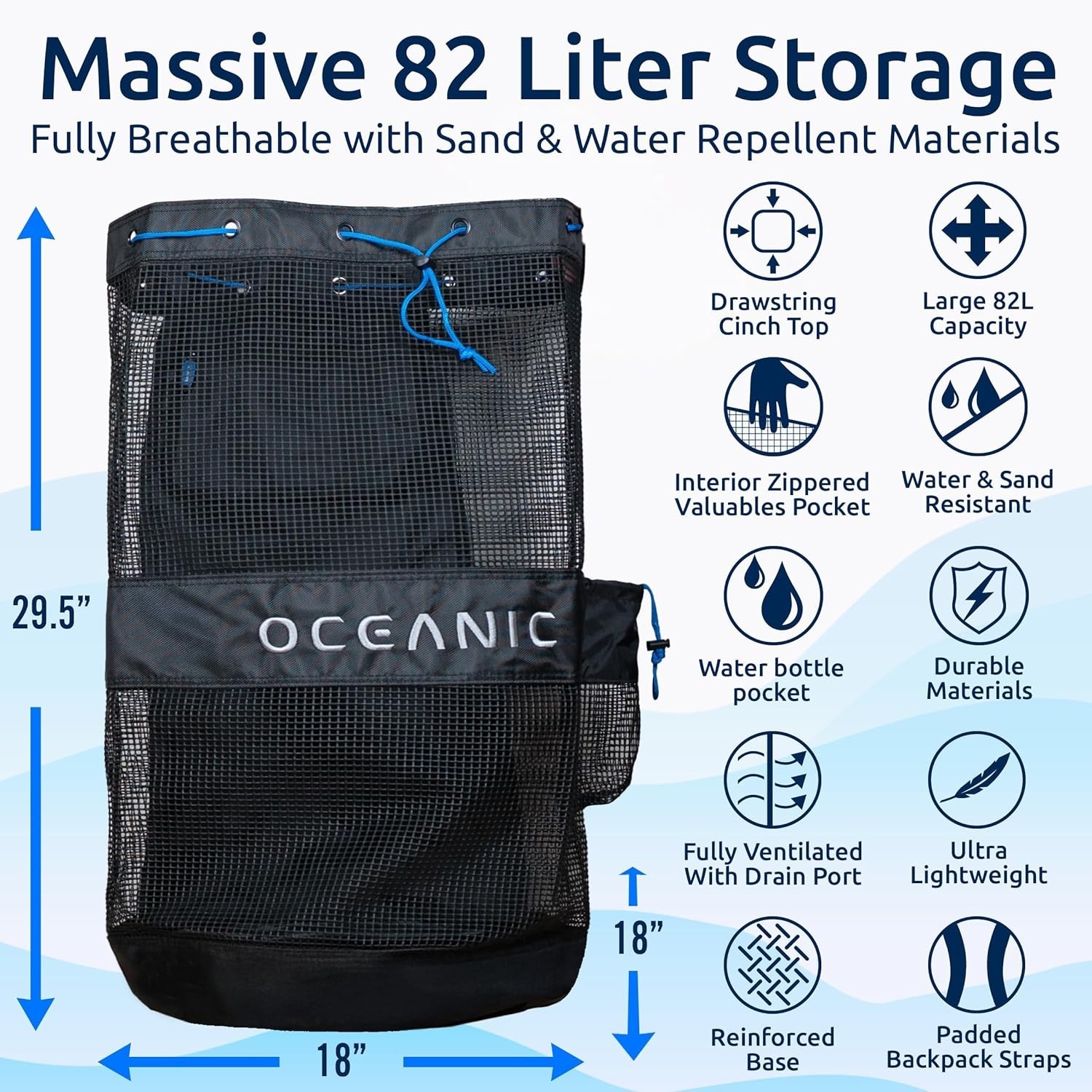 Oceanic Mesh Backpack Gear Bag 82L Black Scuba Dive Snorkel Beach Swim BRAND NEW