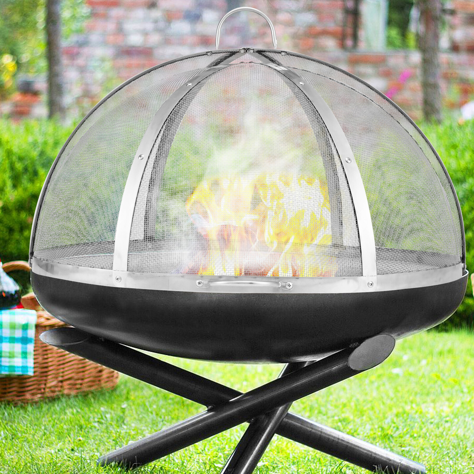 VEVOR 40" Fire Pit Round Wood Burning Spark Screen Cover Lid Stainless Steel