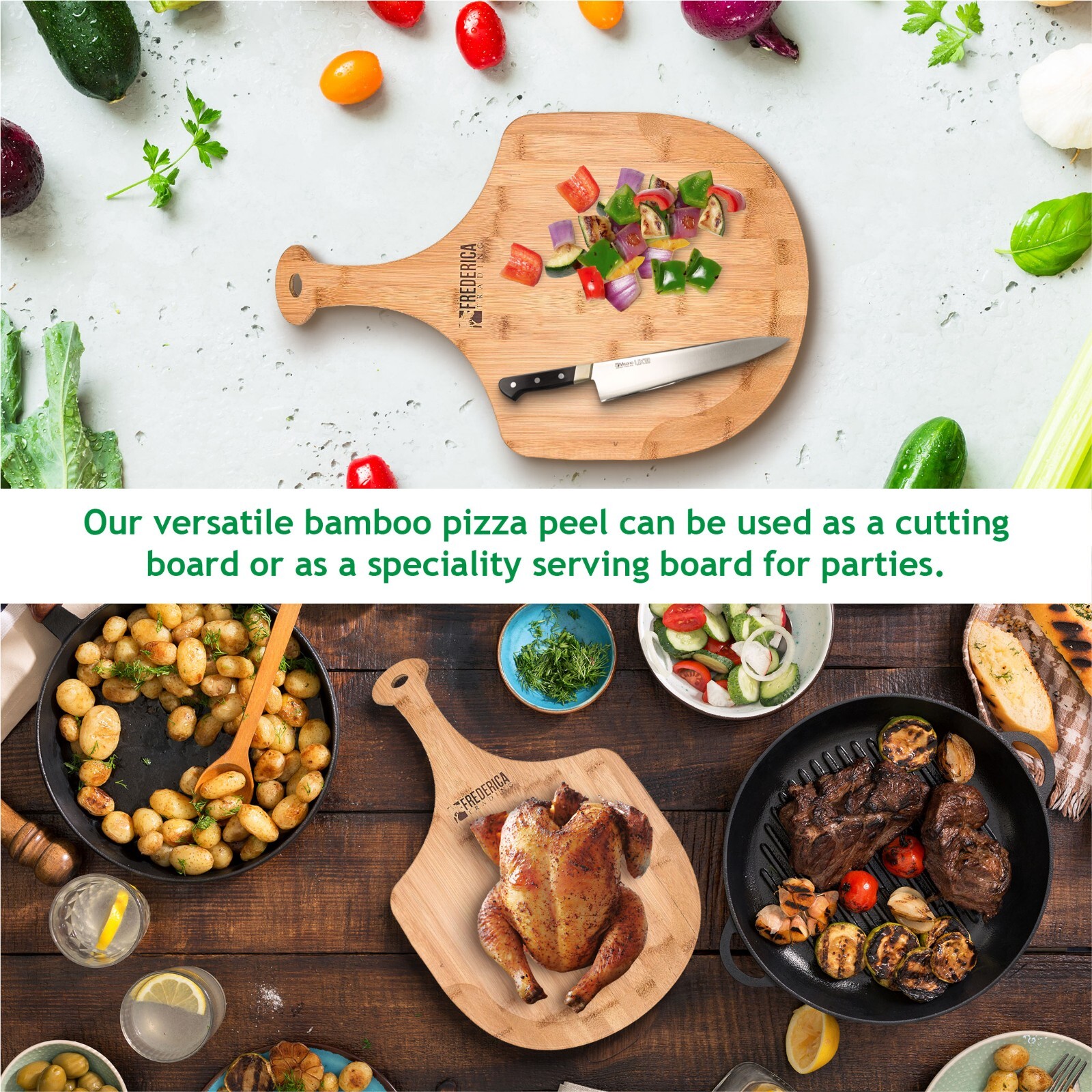 Bamboo Pizza Peel Paddle and Cutting Board with Handle (LG/Personal Edition)