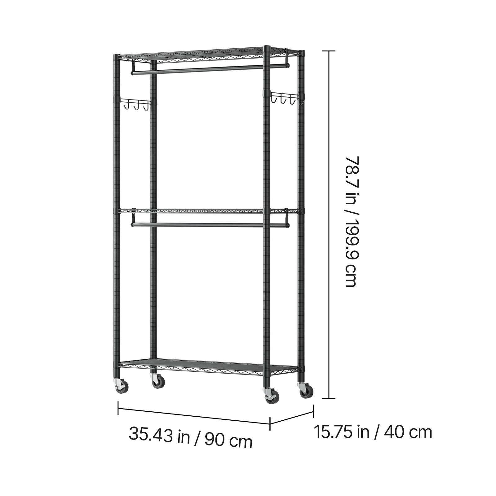Uimoso Adjustable 3-Tier Rolling Garment Rack for Clothing Storage, Black
