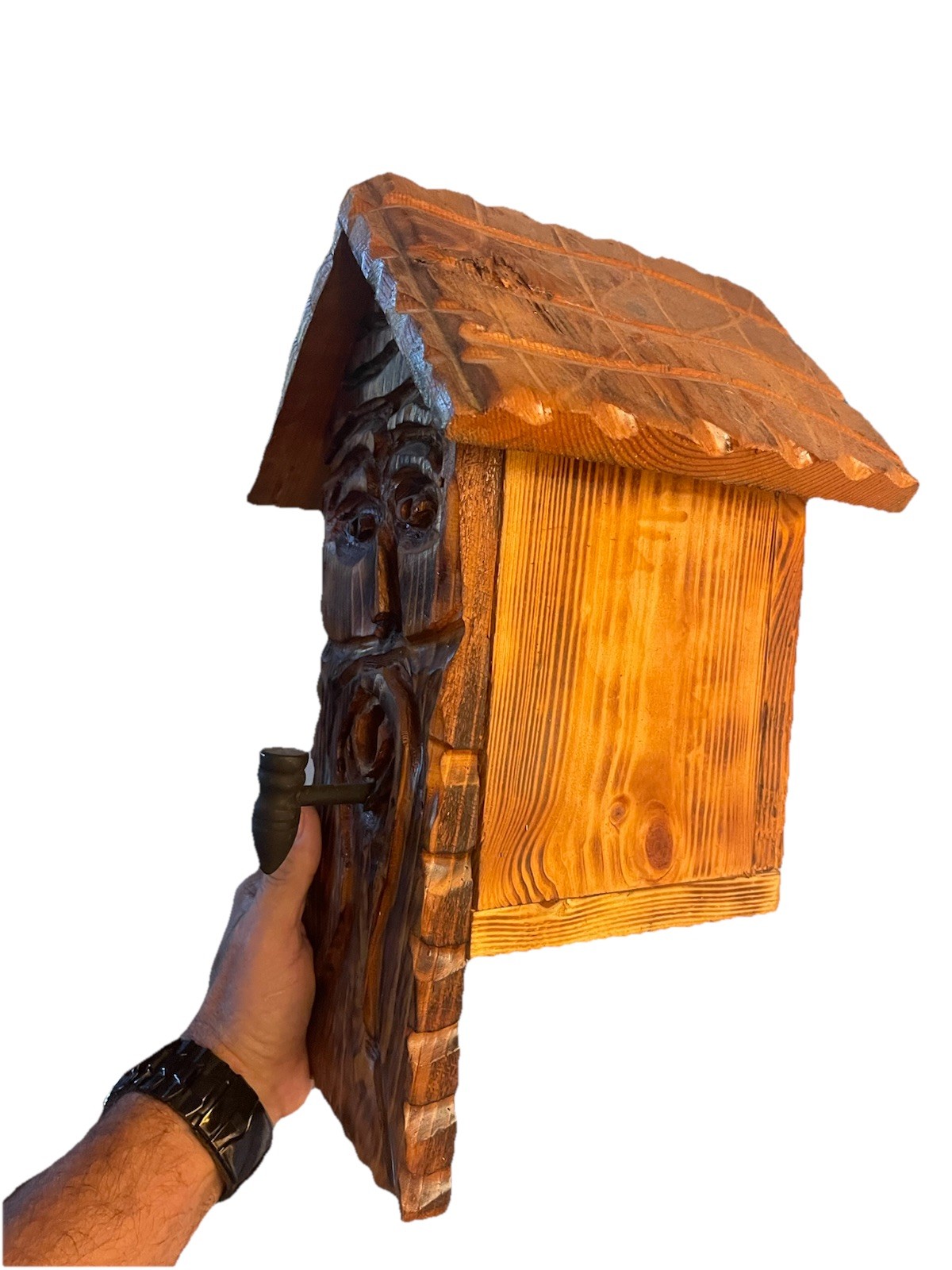 Hand Carved Wood Spirit Birdhouse Rustic Folk Art Tree Face Handmade Cedar