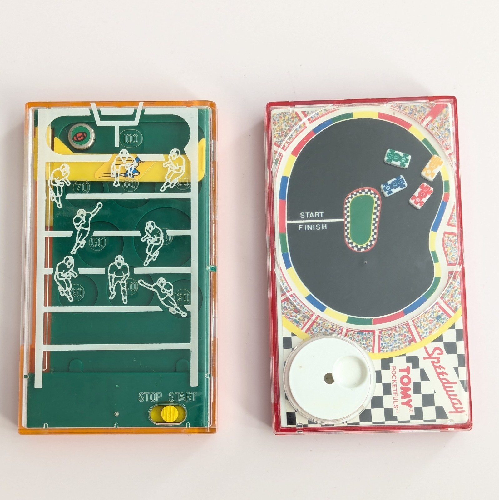 Vtg 1987 Tomy Pocketfuls Games Handheld Travel Speedway Car Racing & Football