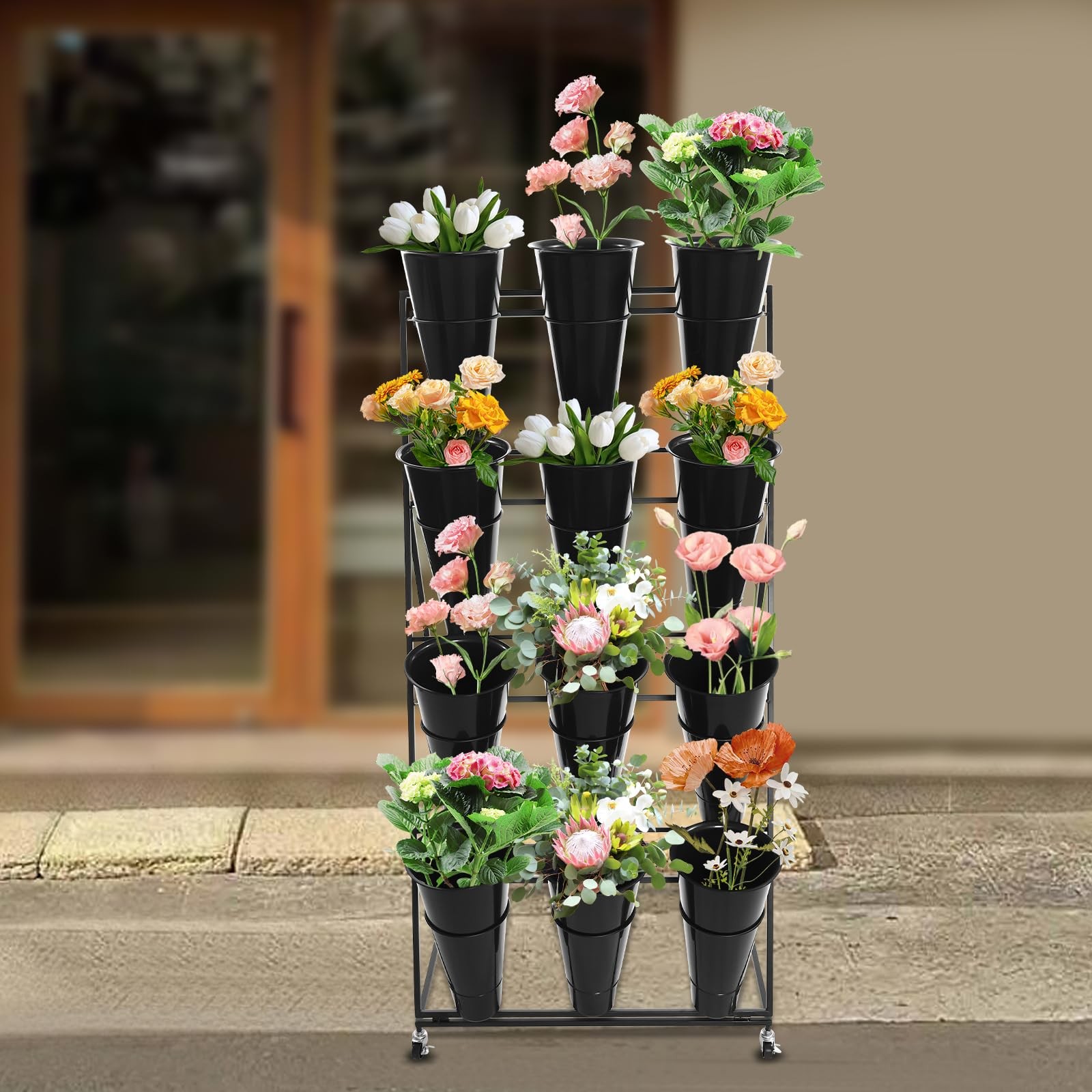 4 Tier Metal Flower Stand with 12 Buckets and Wheels for Florist Garden Outdoor
