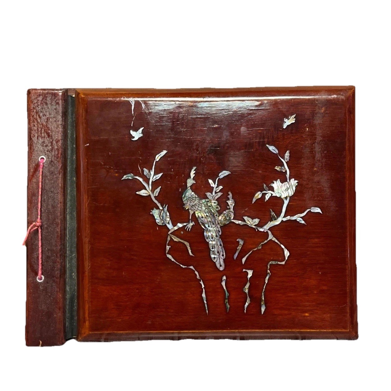 Asian Wood Inlayed Photo Album Abalone Shell Peacocks Flowers Music Book Vintage