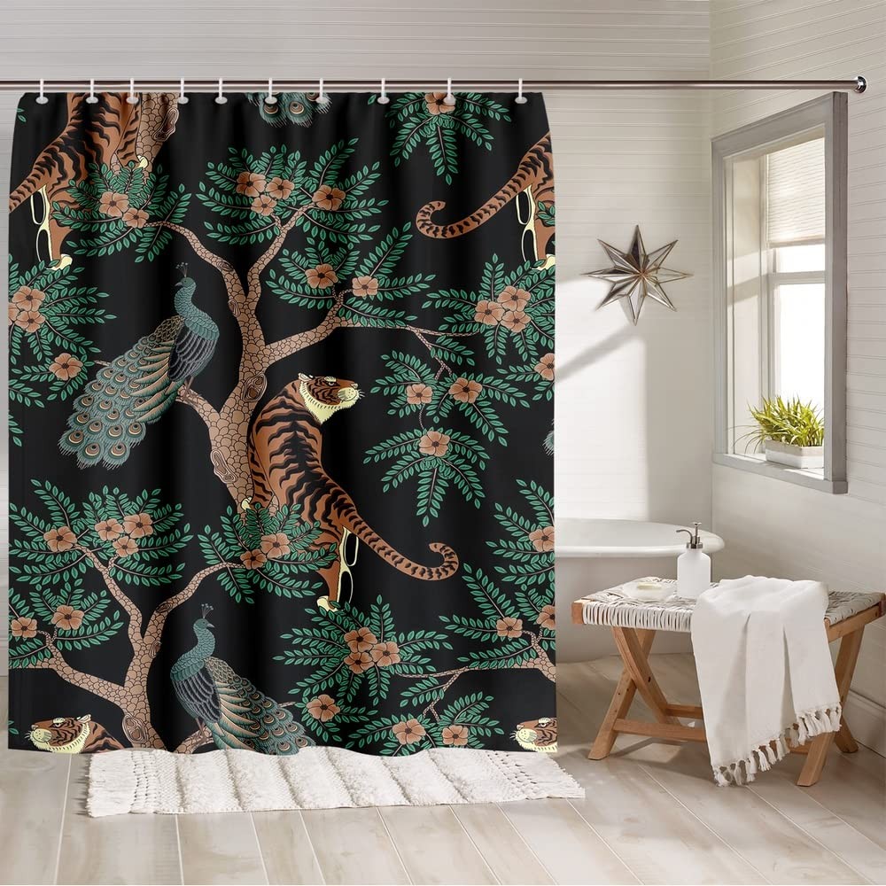 Retro Tiger and Peacock Shower Curtain Set Vintage Dark Green Plant Shower Cu...
