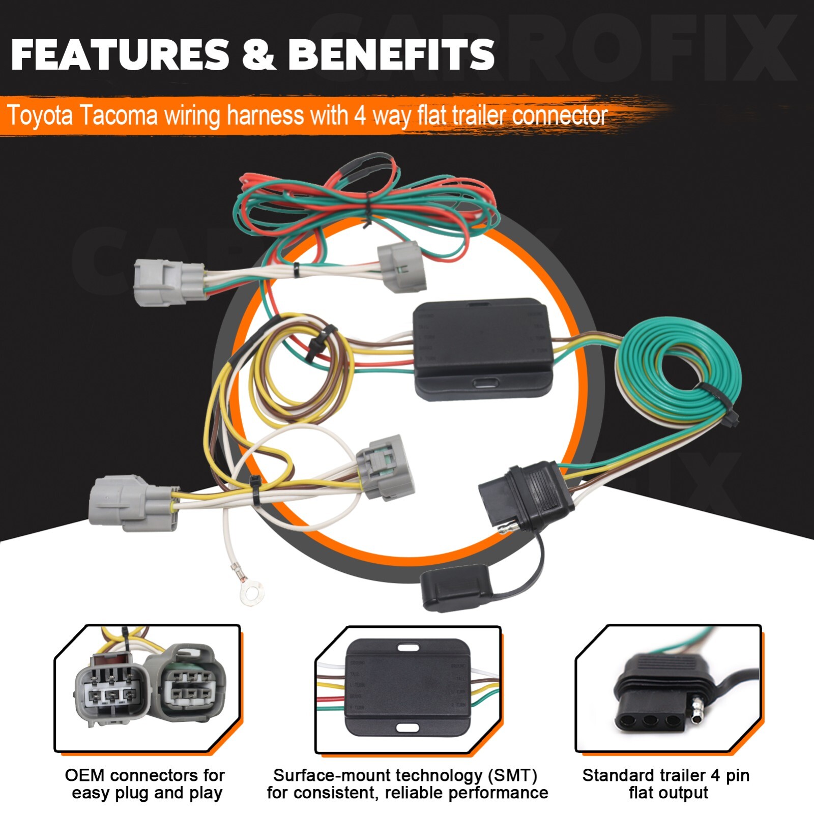 Custom T-connector Harness 4-Way Flat Trailer Output for 2005-2015 Toyota Tacoma