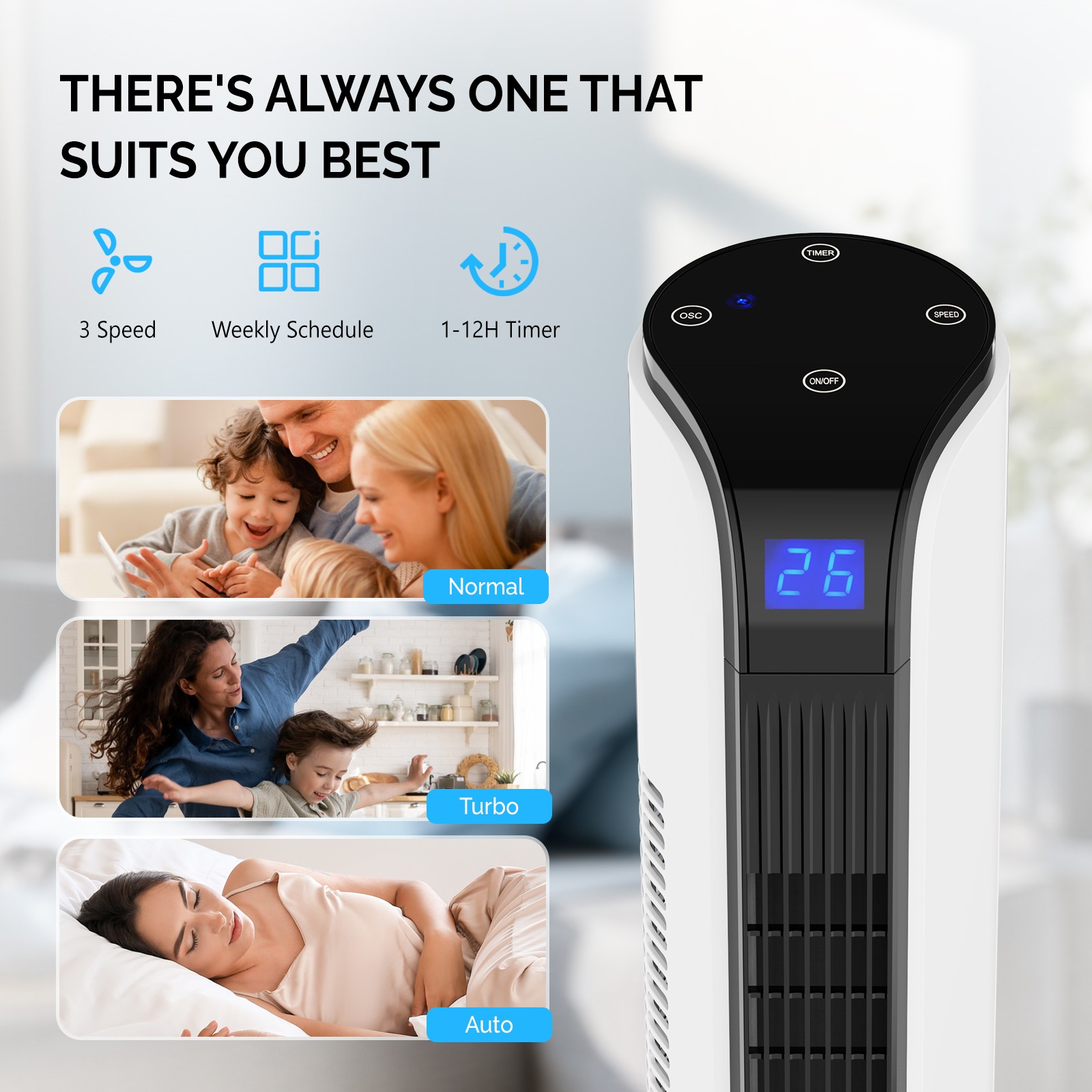 42inch Smart Tower Fan, Bladeless Floor Fan with 3 Modes 3 Speeds, APP/Remote
