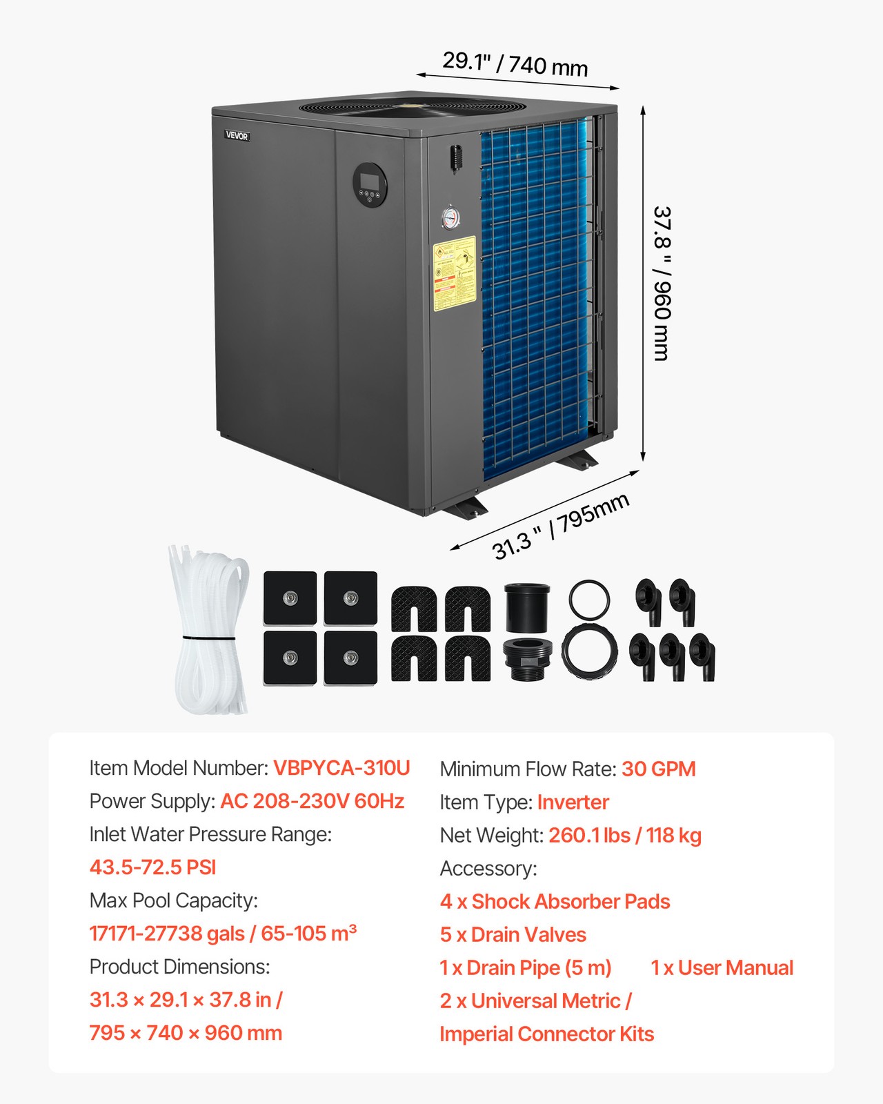 VEVOR 104790 BTU Pool Heat Pump Electric Heater for In-Ground All-DC Inverter