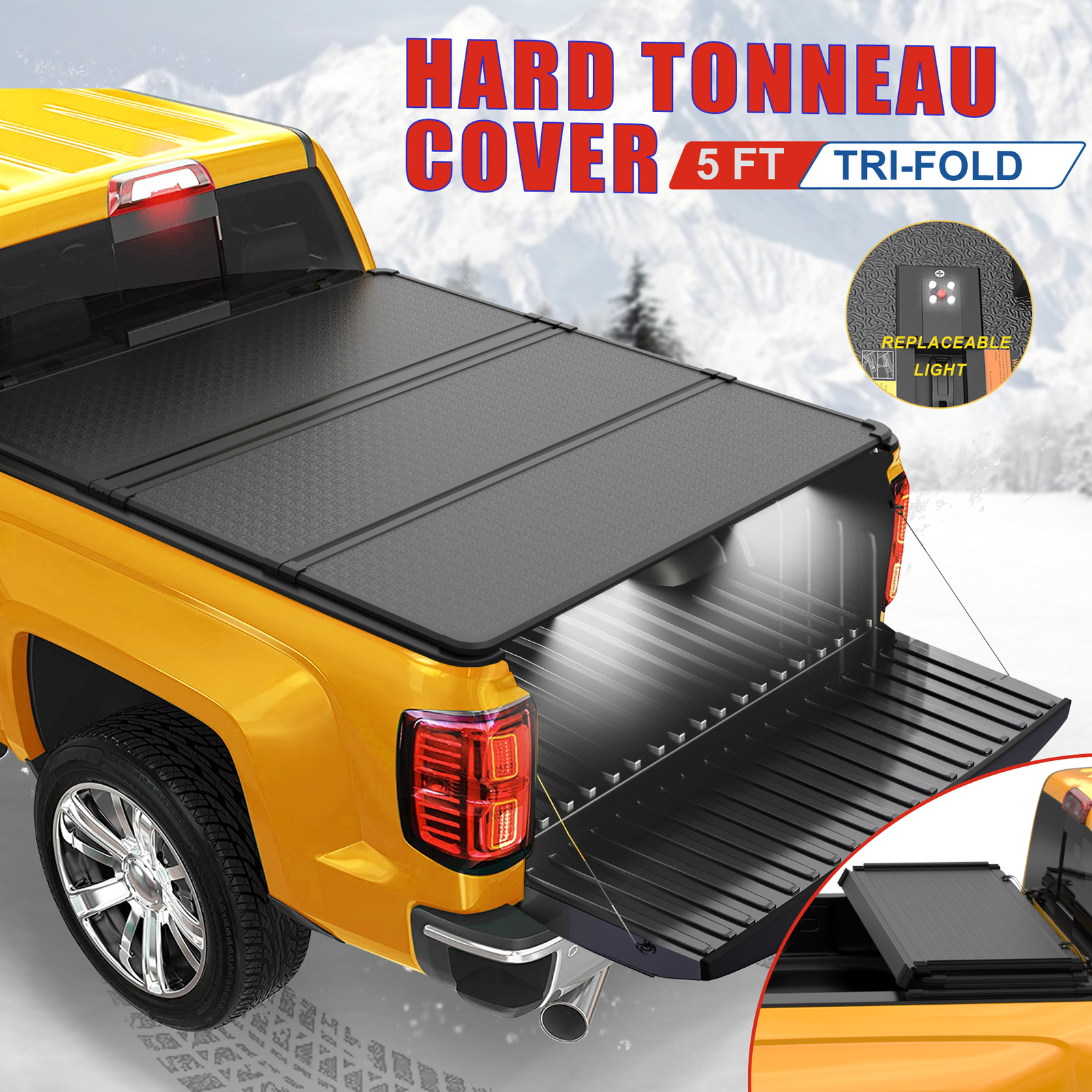 5FT Hard Tonneau Cover For 2019-2025 Ford Ranger Truck Bed Tri-Fold W/LED