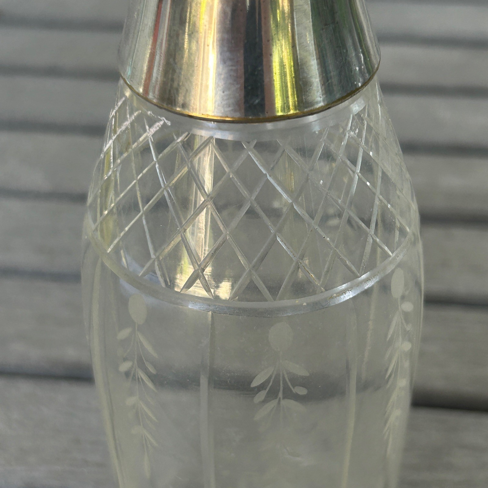 French Vintage Silver and Etched Glass Crystal Cruet Decanter Perfume Bottle