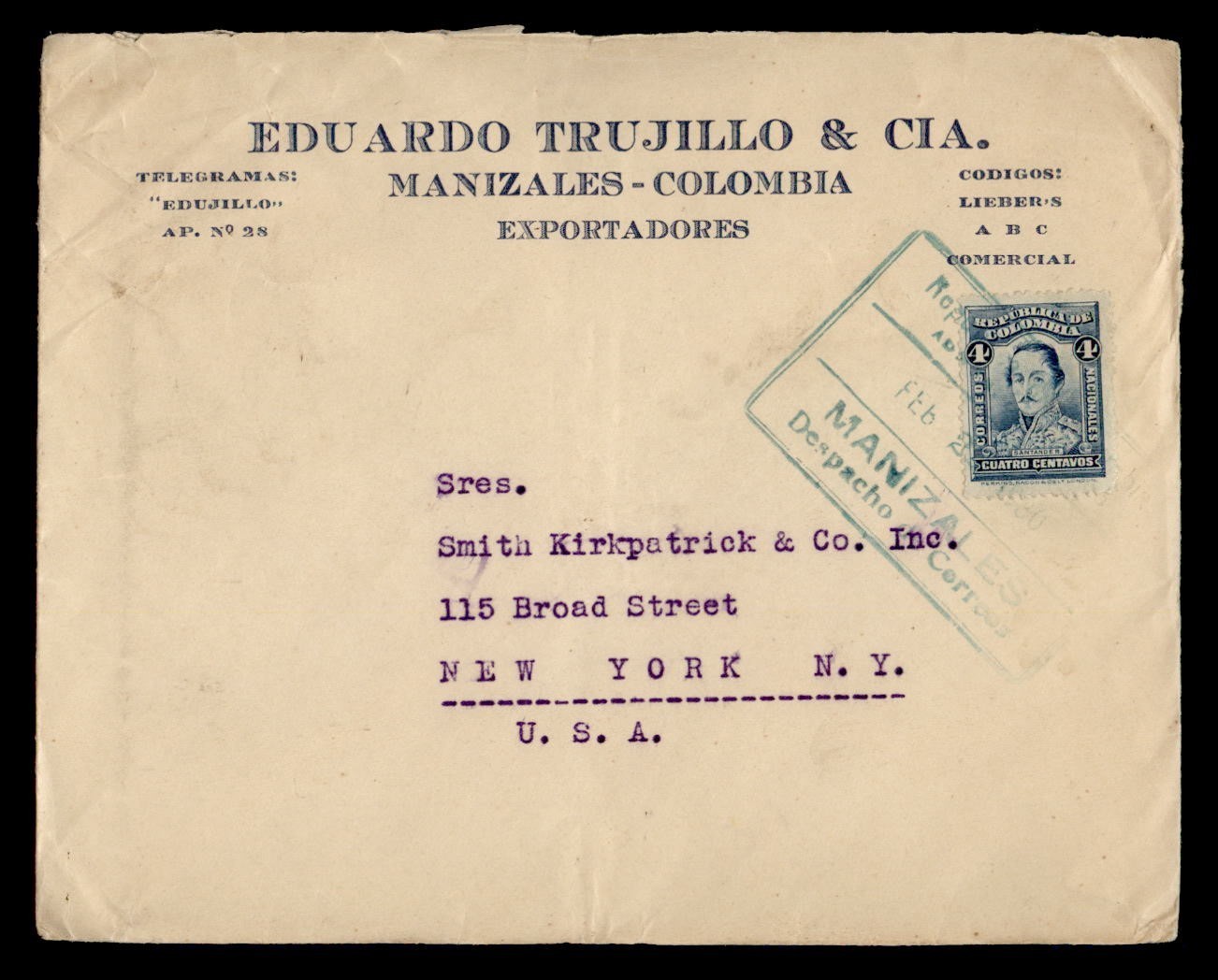 DR WHO 1930 COLOMBIA MANIZALES TO USA M56775