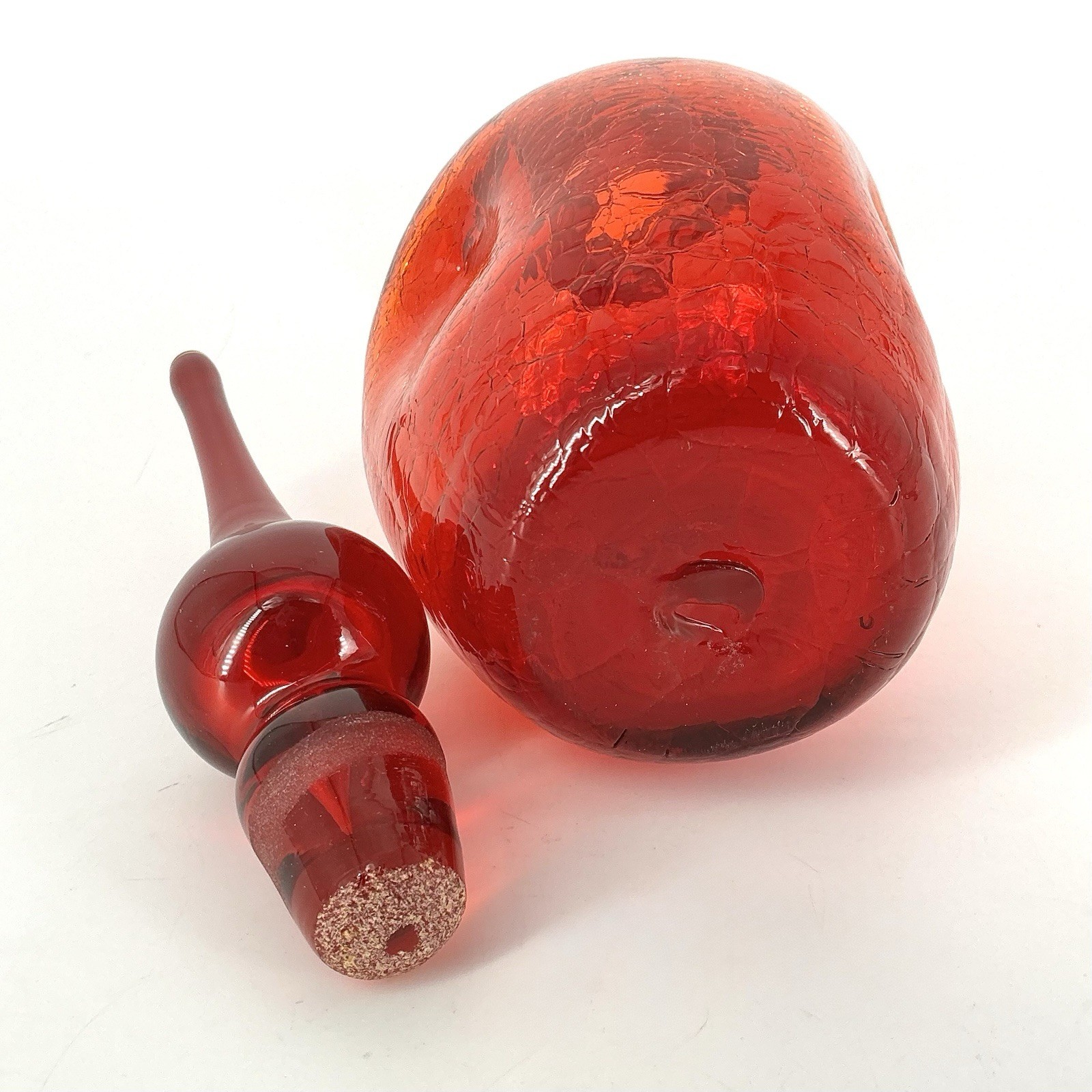 Vintage Rainbow Crackle Glass Decanter With Flame Stopper Pinched Amberina Red