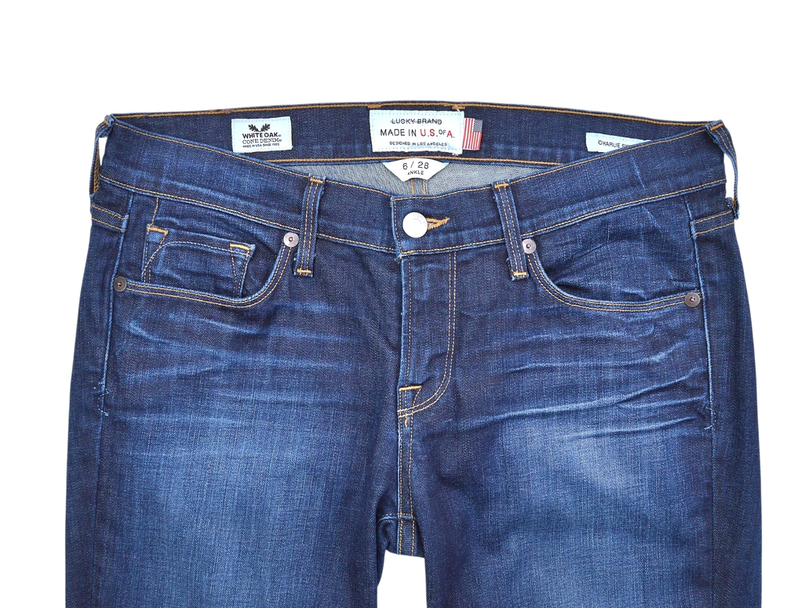 Lucky Brand Charlie Skinny Jeans Womens 6/28 Dark Blue Denim White Oak Cone USA