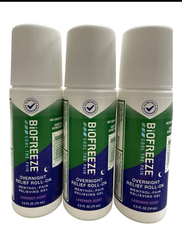 3 X Biofreeze Menthol Overnight Roll-On Pain Relieving Gel 2.5 FL OZ. Free Ship