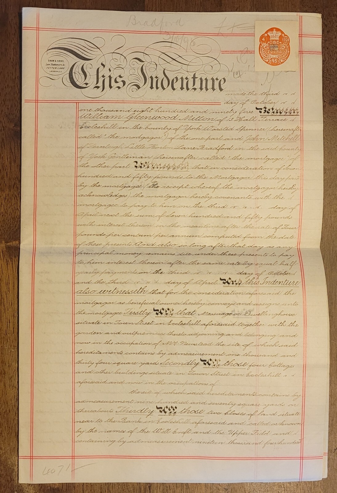 1895 Vellum Indenture. W. G. Mitton To J. Mitchell Re: Town St, Eccleshill & ...