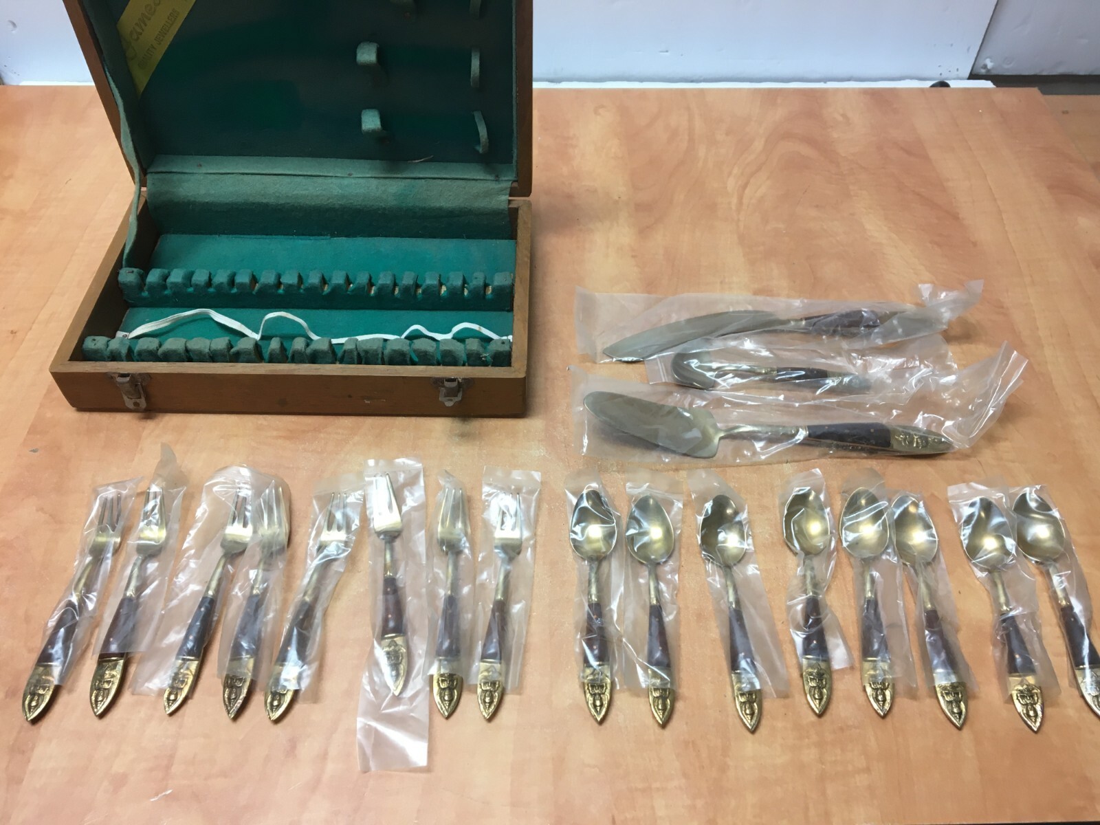 Bronzeware Flatware Set Wood Case From Bangkok Thailand - 19 pieces