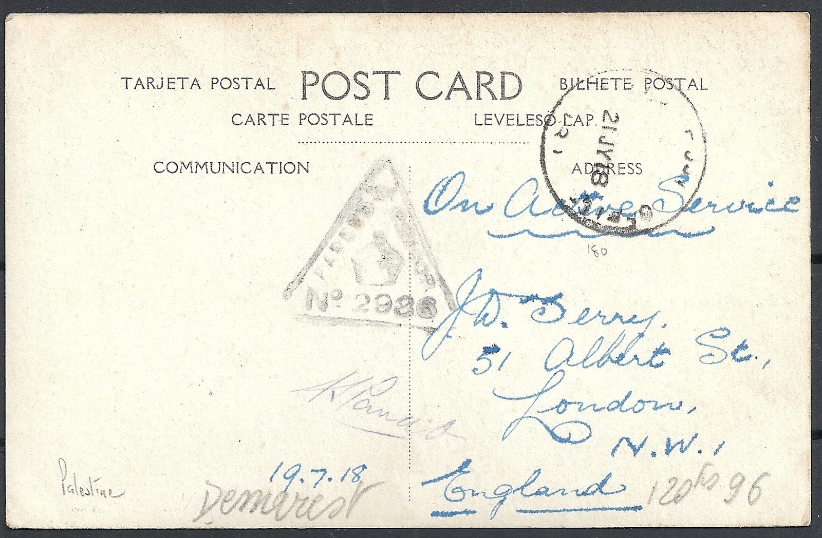Palestine 1918 censored Fieldpost PPC FPO181 to London
