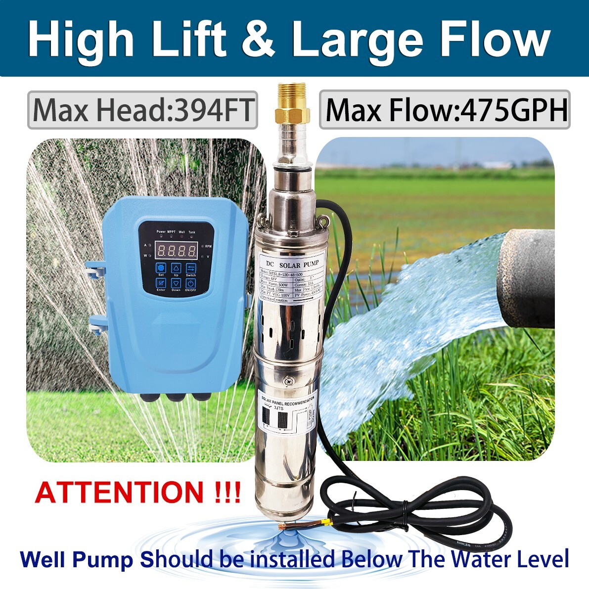 3" Solar Pump Submersible Pump Bore DC 48V 500W Deep Well Pump + MPPT Controller
