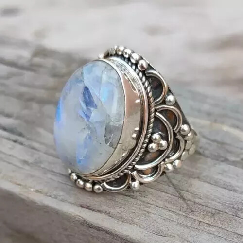Rainbow Moonstone 925 Sterling Silver Handmade Statement Ring All Size R224