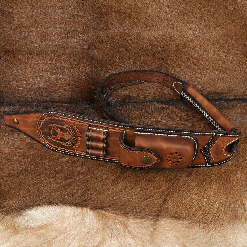 Tourbon Retro Leather Rifle Sling Gun Ammo Carrying Strap w/Knife Sheath Pocket