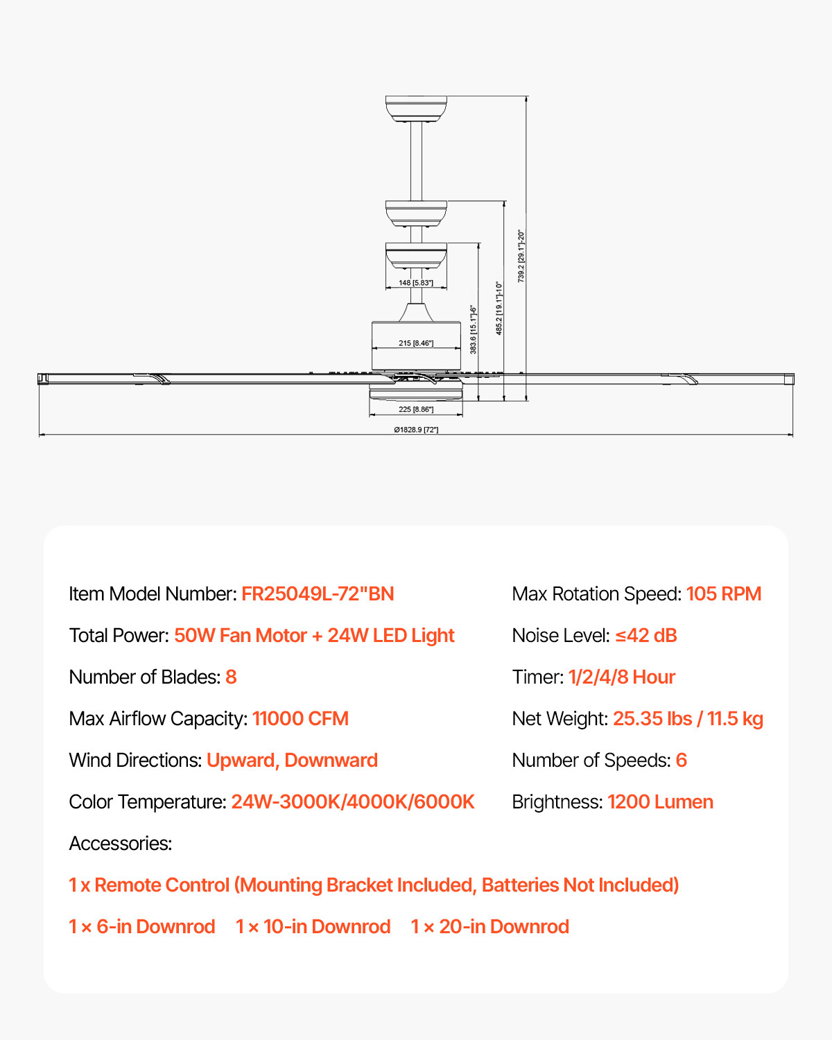 VEVOR 72 In Ceiling Fan with LED Light Remote Control Brushed Nickel Reversible
