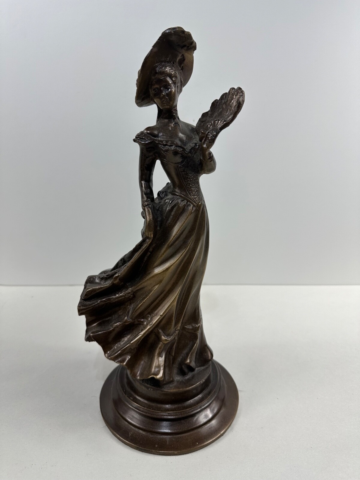 Vintage Victorian Lady Bronze Brass Statue Sculpture Holding Fan 13" High