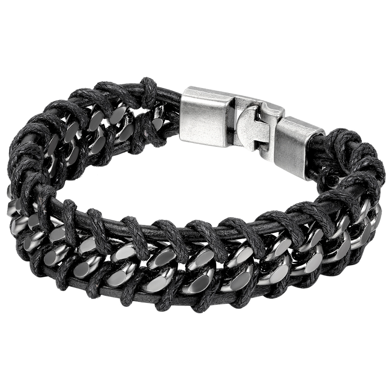 Black Braided Leather Silver Stainless Steel Cuban Chain Men's Bracelet Bangle