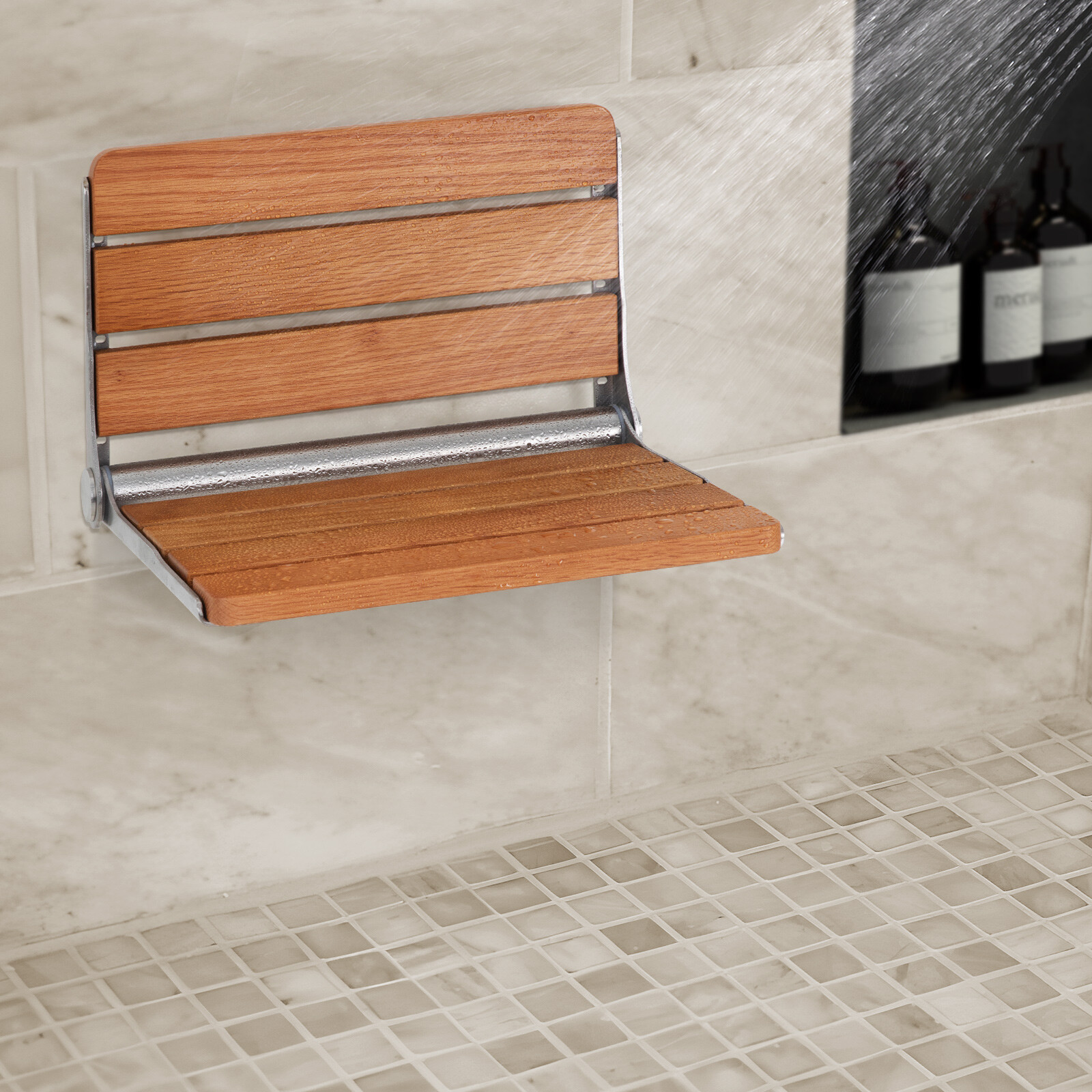 VEVOR 16" Folding Oak Shower Seat Wall Mounted Shower Bench 440lbs Rust-proof