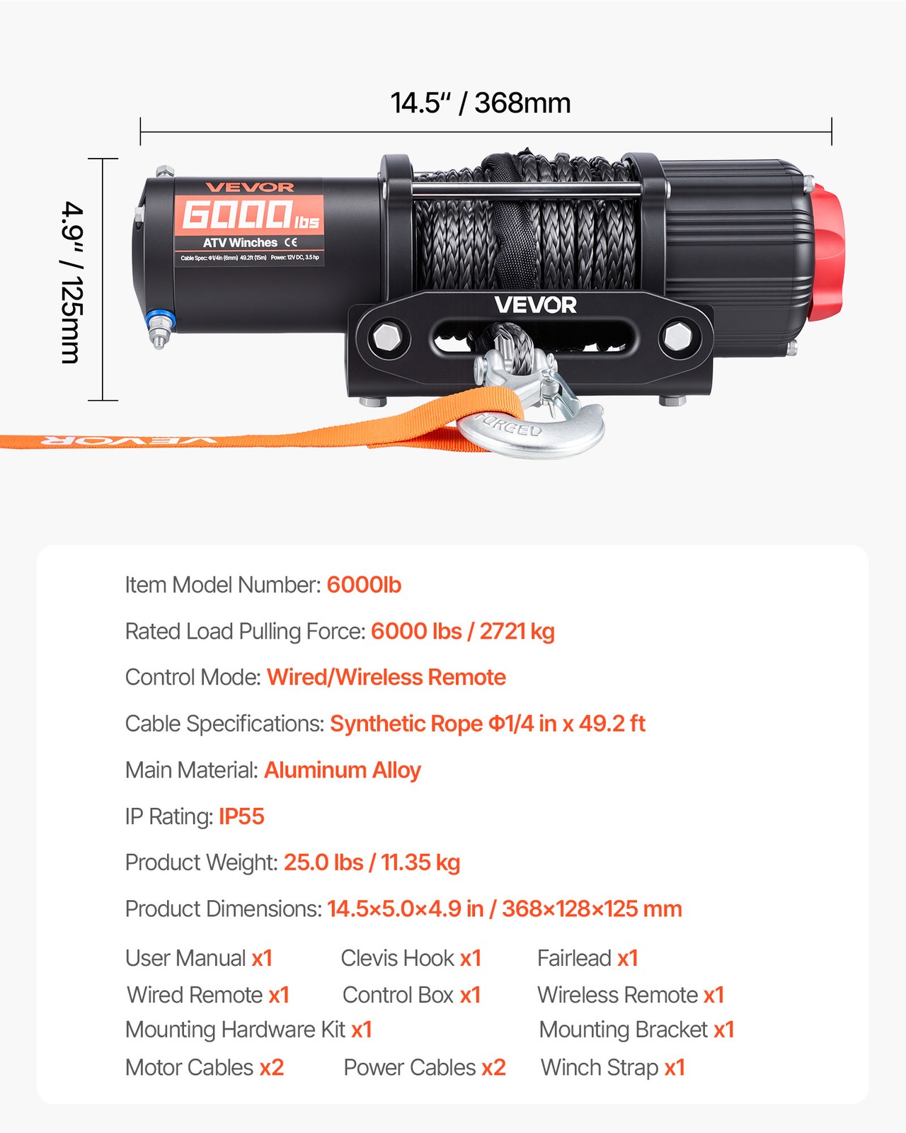 VEVOR 6000 lbs Electric Winch ATV UTV 12V Synthetic Rope Wireless Remote Control