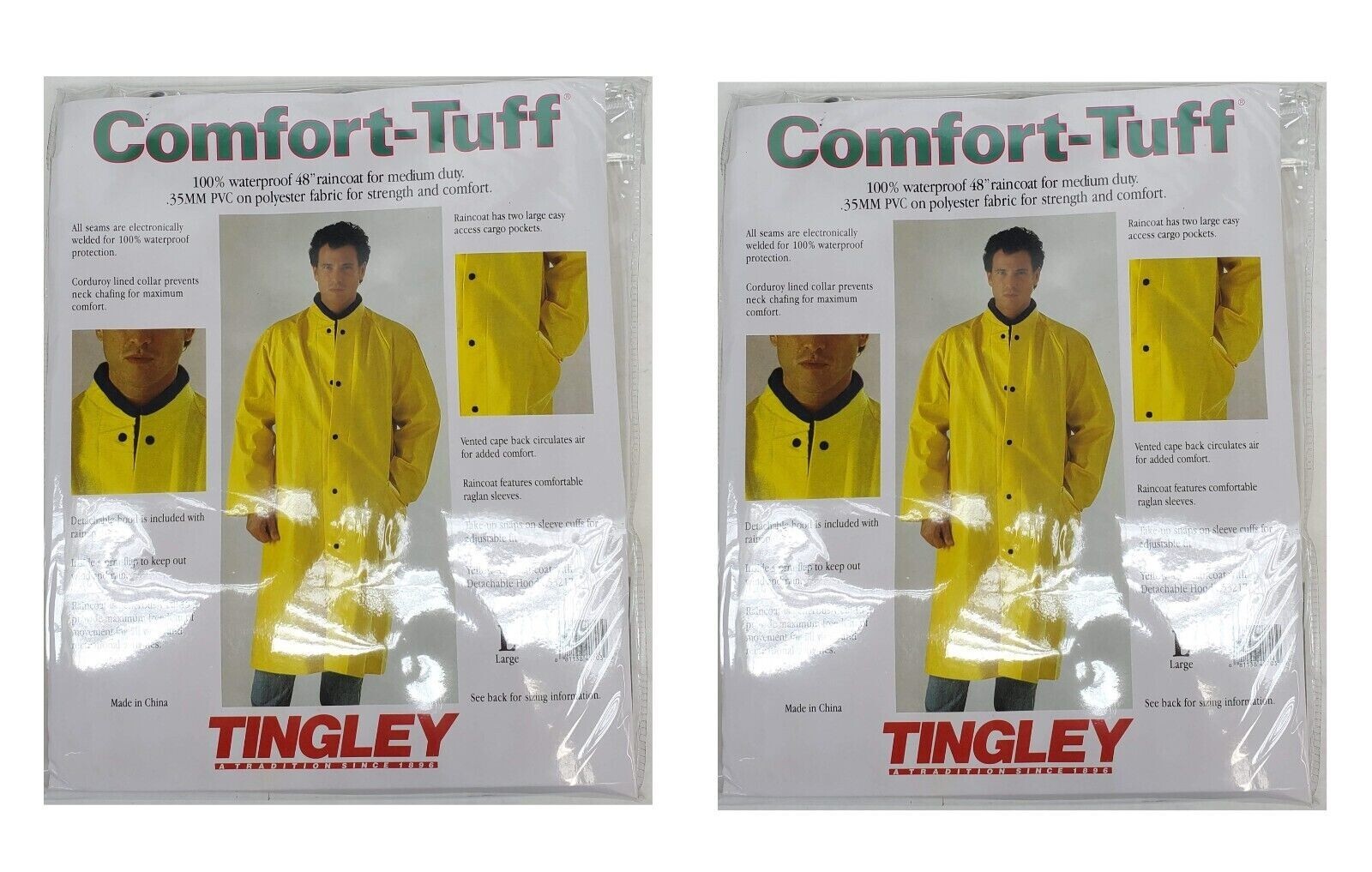 2 PACK! Tingley co Raincoat 48" Long W/ Hood Yellow PVC Coated Polyester (HR)