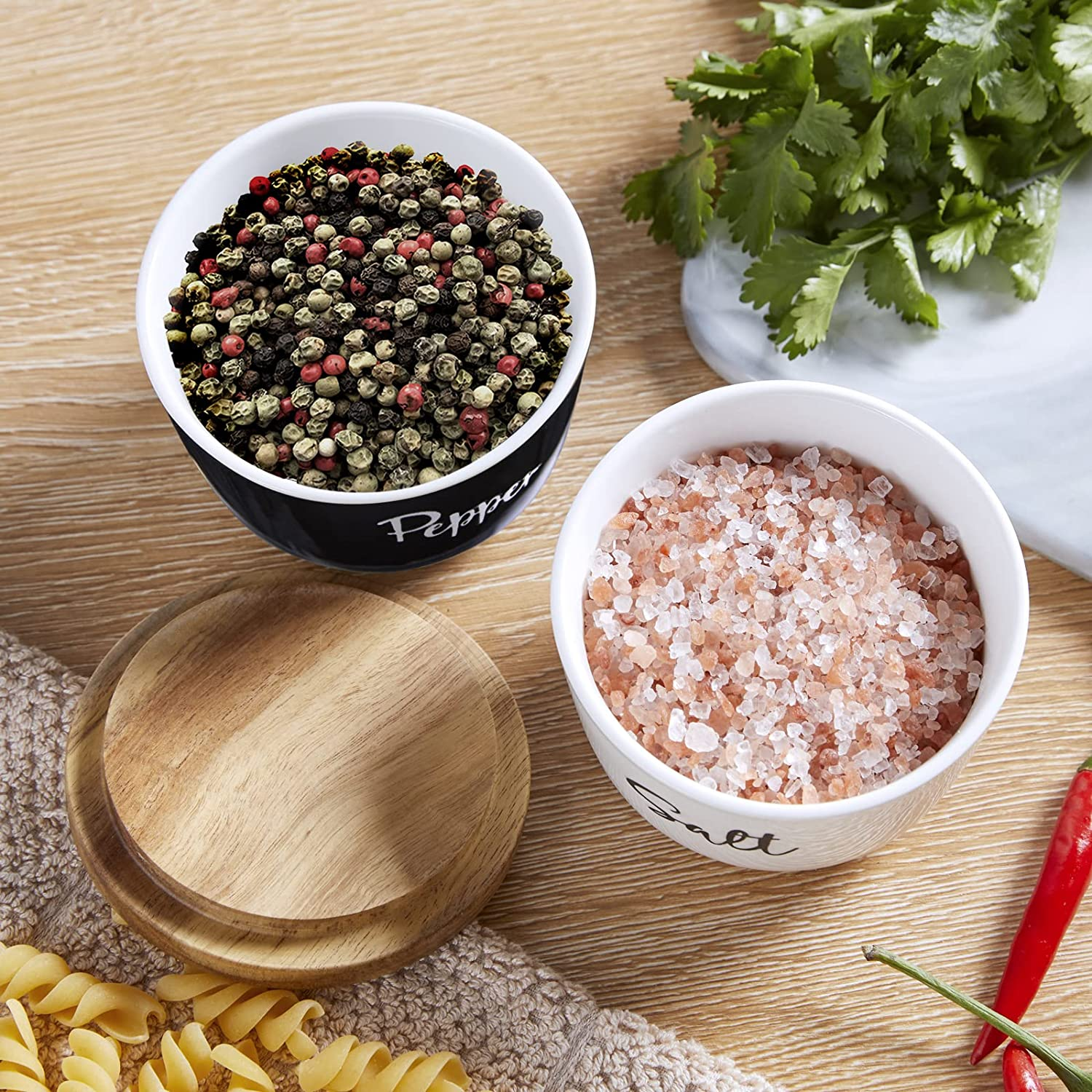 Salt and Pepper Bowls 10 Oz Salt Cellar with Wood Lid New Ceramic Set of 2 Bowls