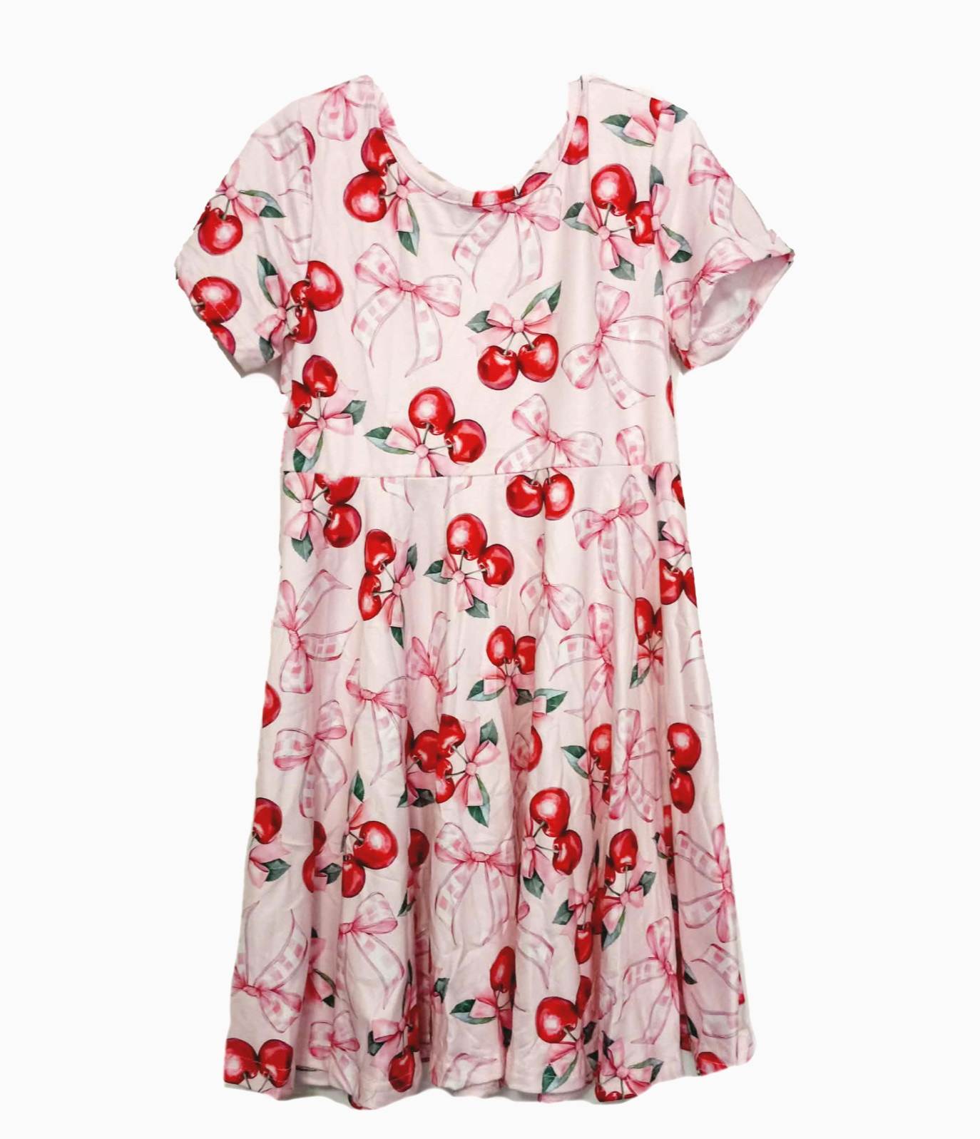 New Rylee Faith Girls Cherries Bows Dress Size 7 Pink Red Short Sleeve Pullover