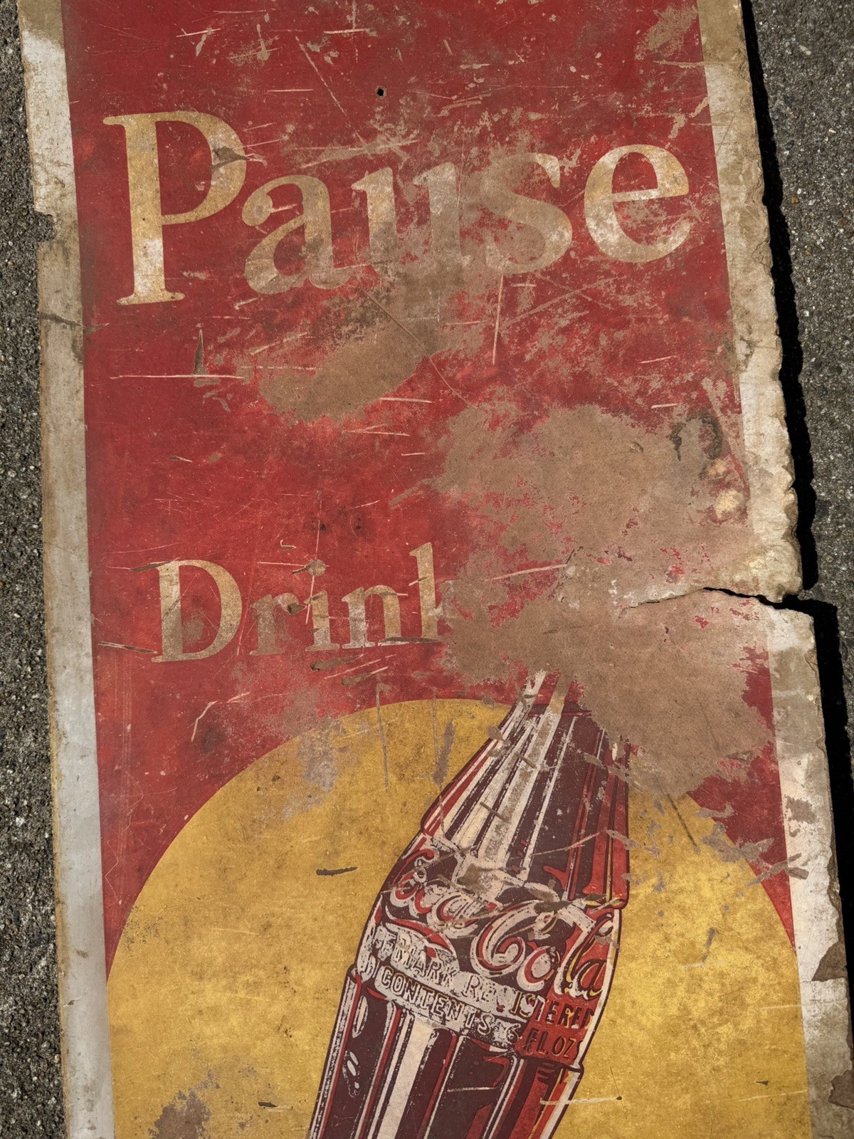 1940s ? Coca-Cola Pause Drink Coke Pressboard Sign Vintage 18” X 54”