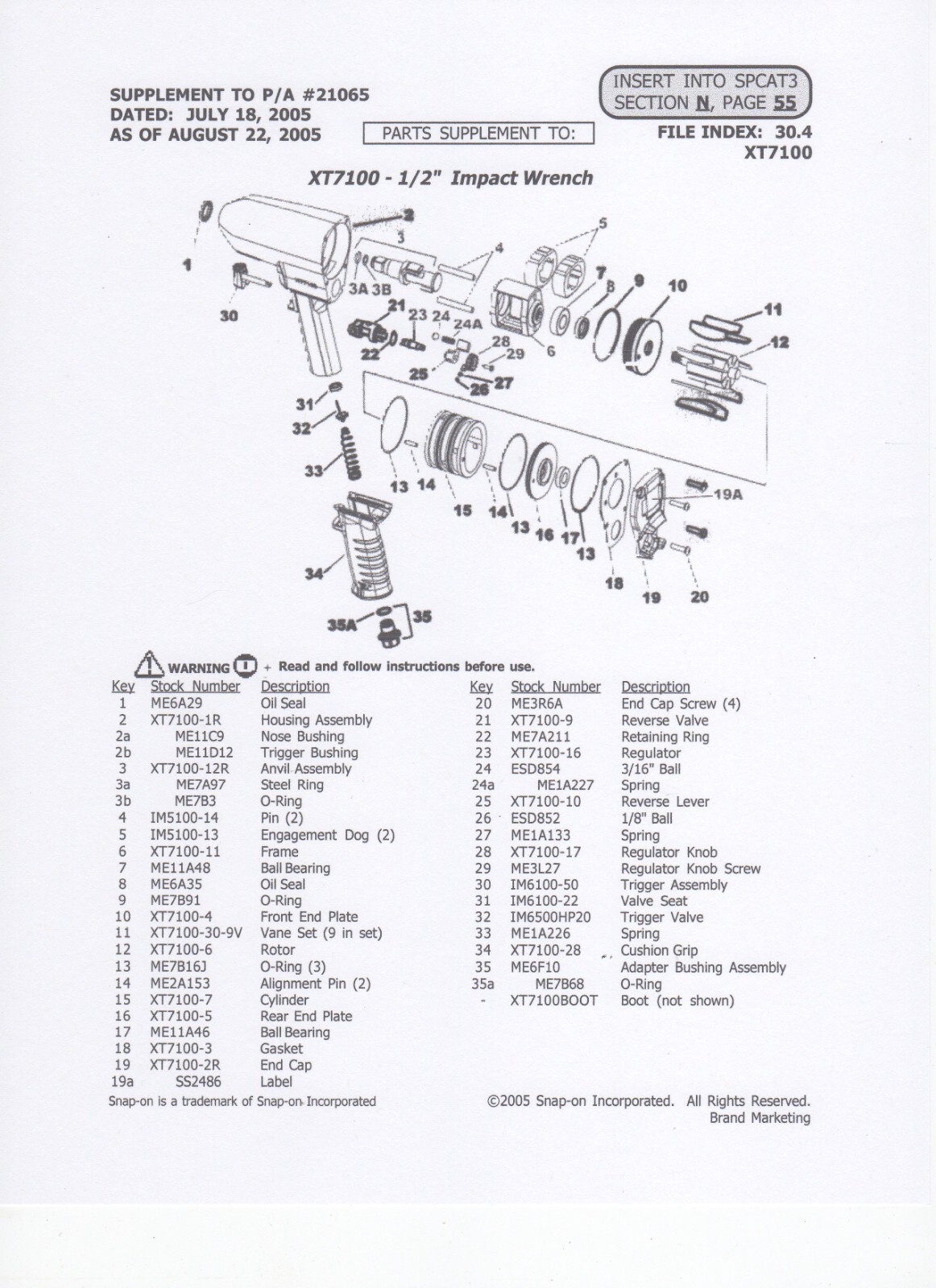 SNAP ON MG725 1/2" DRIVE STD LENGTH ANVIL KIT REPLACEMENT ANVIL & FITS XT-7100