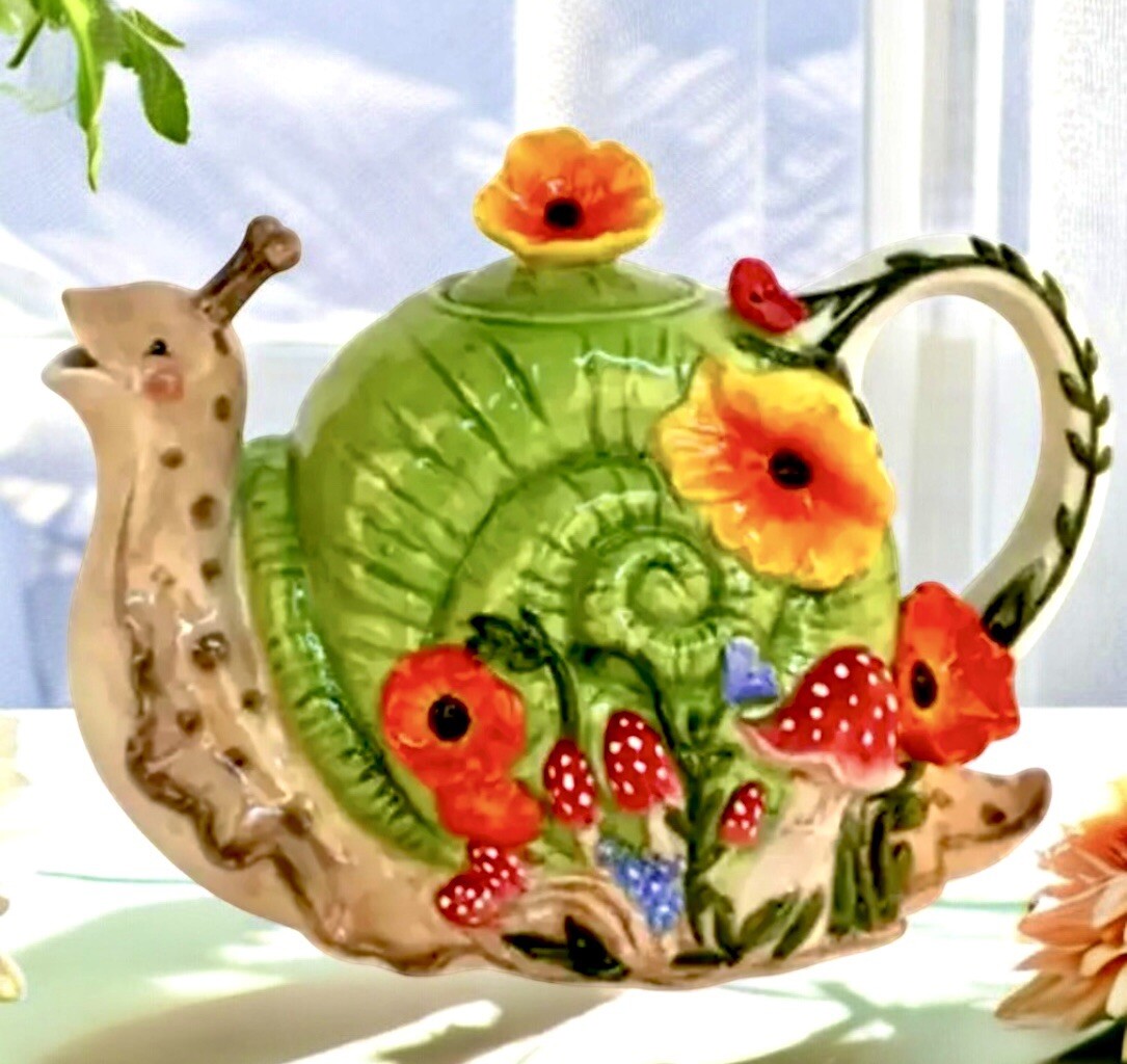 Blue Sky Clayworks Snail With Mushrooms & Flowers Teapot NEW Auth Retailer