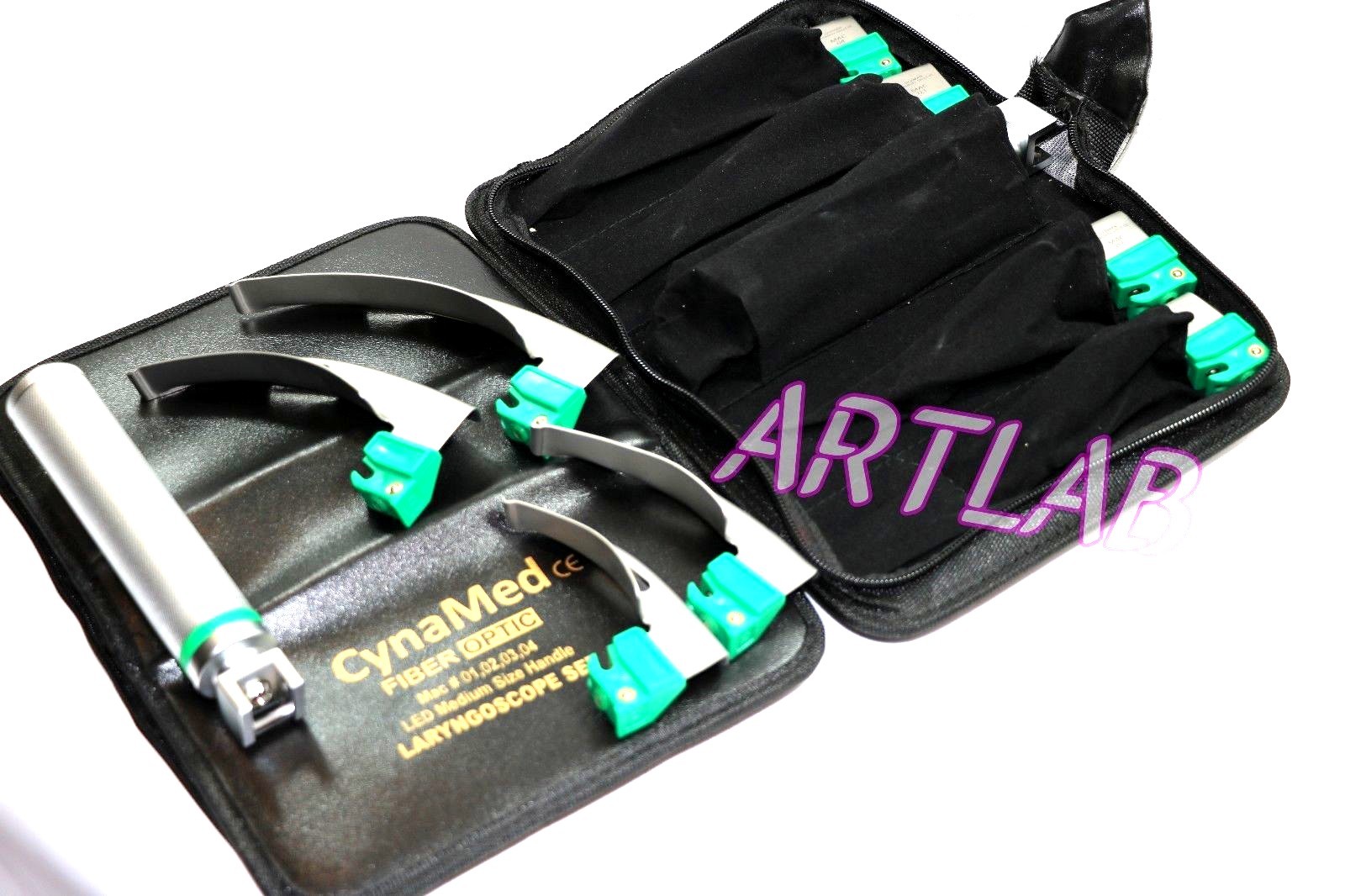 FIBER-OPTIC LARYNGOSCOPE SET OF 4 INTUBATION BLADES 1,2,3,4 + MEDIUM HANDLE