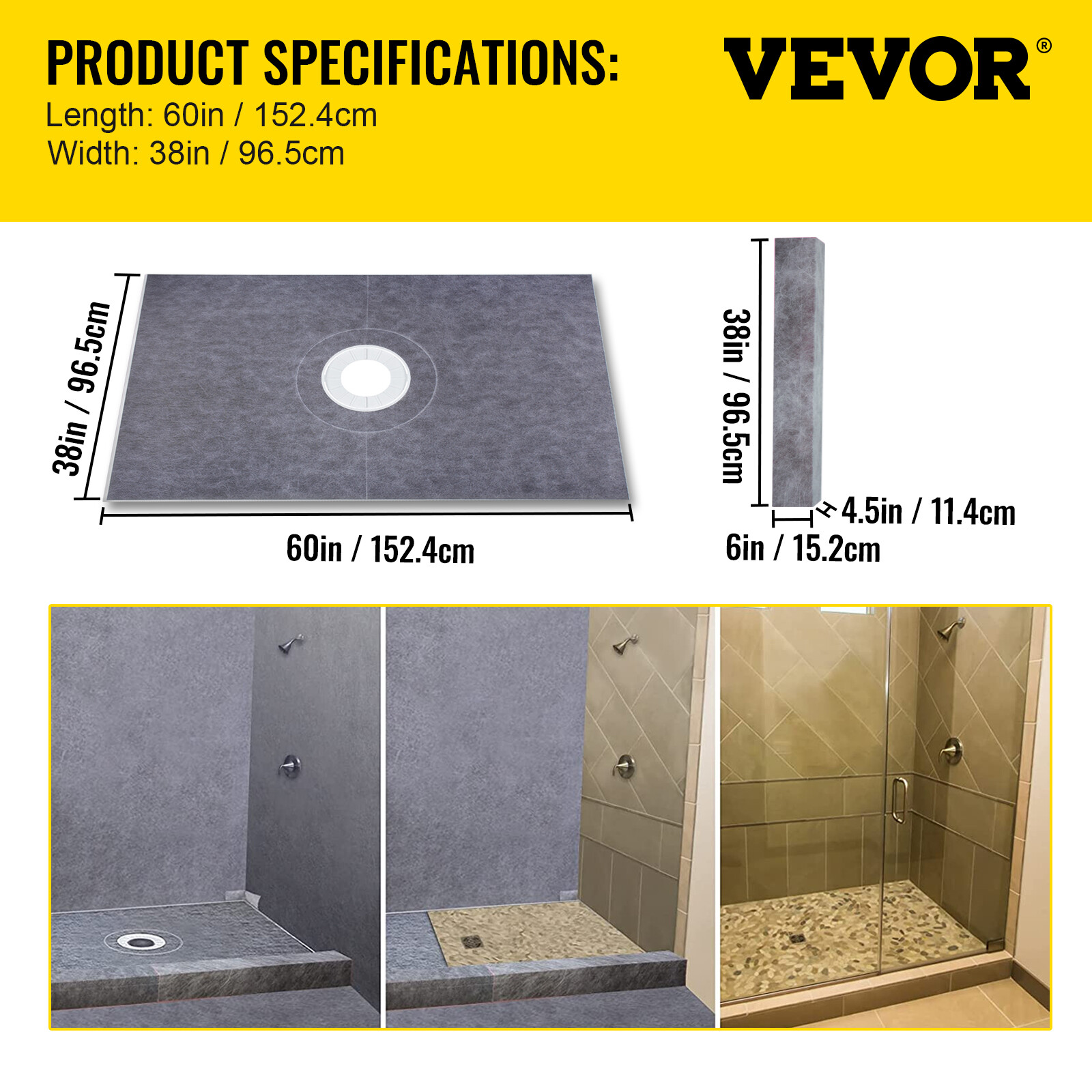 VEVOR Waterproofing Shower Curb Kit Shower Kit Tray 38"x60" w/Central Drain PVC