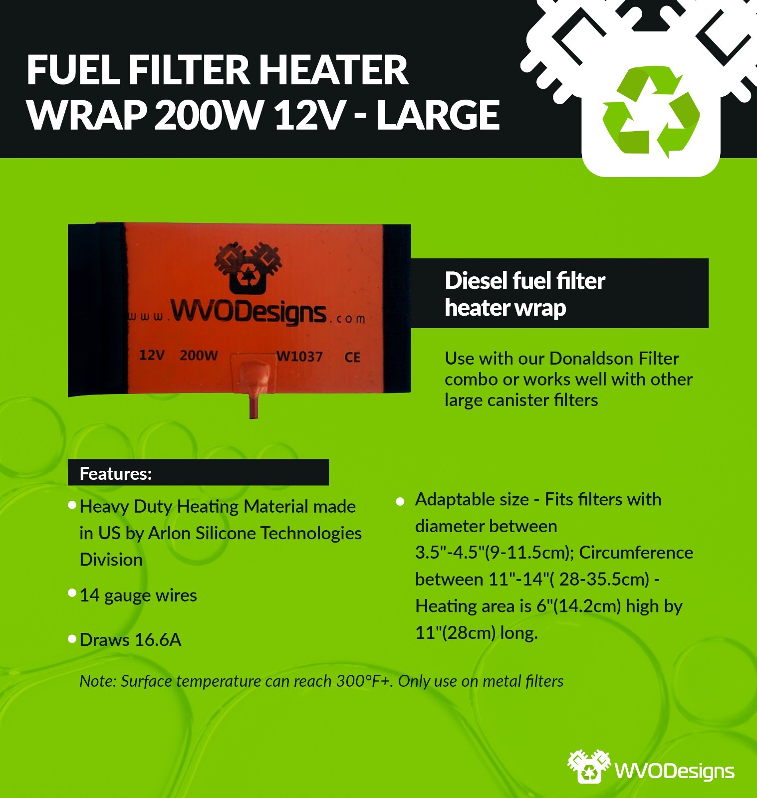 WVO Designs Large Fuel Filter Heater Wrap 200W, 12V (11" x 6")