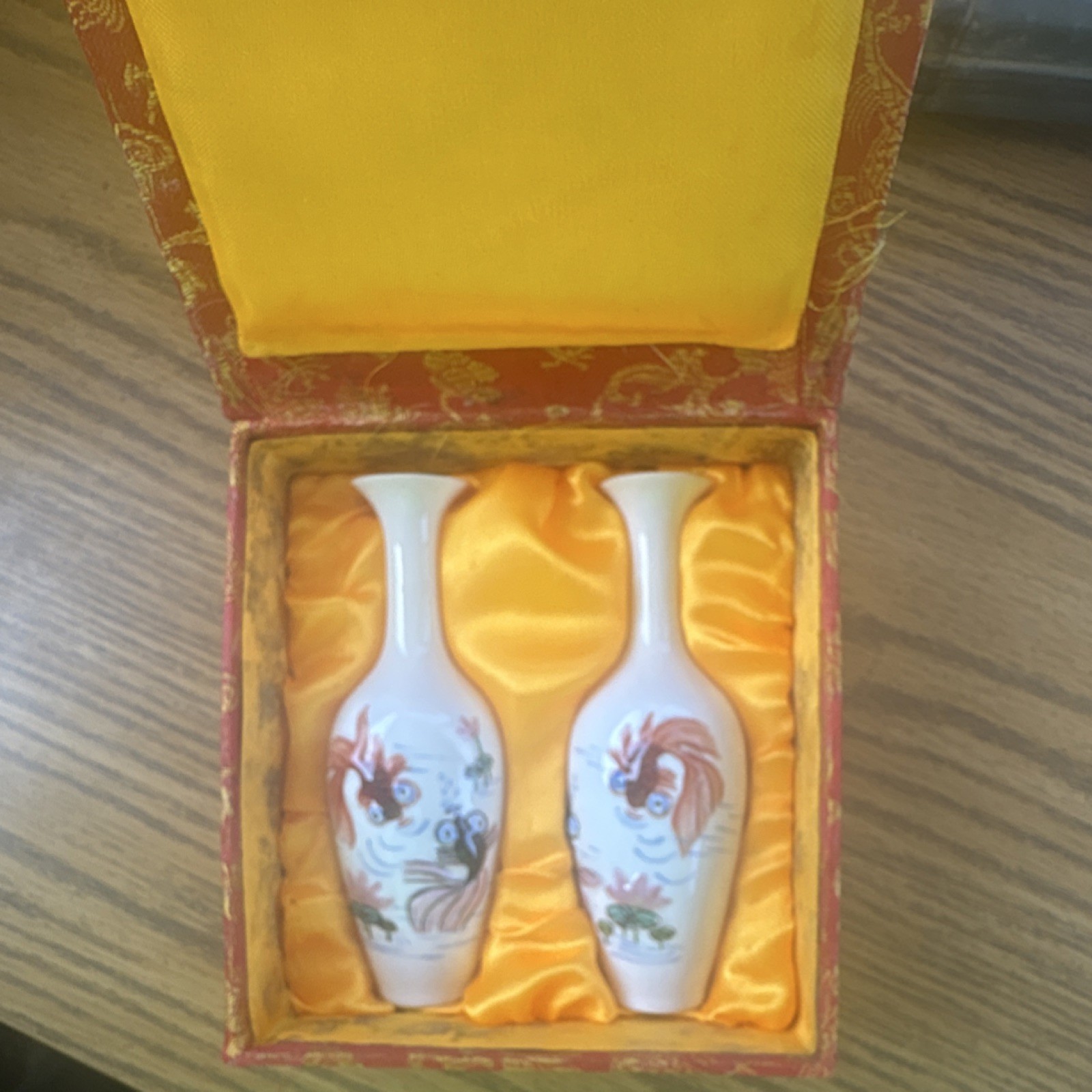 Pair of Chinese Porcelain Vases with Fish Motif, Script, Silk-Lined Gift Box