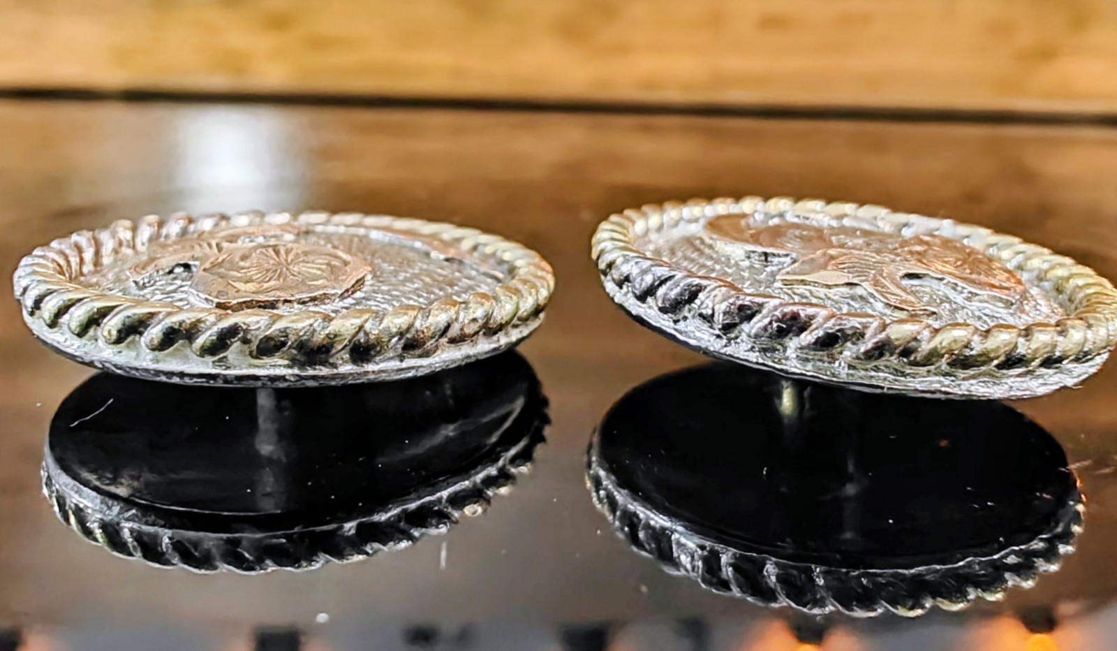 Vintage 652 Western Tack Alpaca Mexico Silver & Gold Floral Rope Edge Conchos 1"