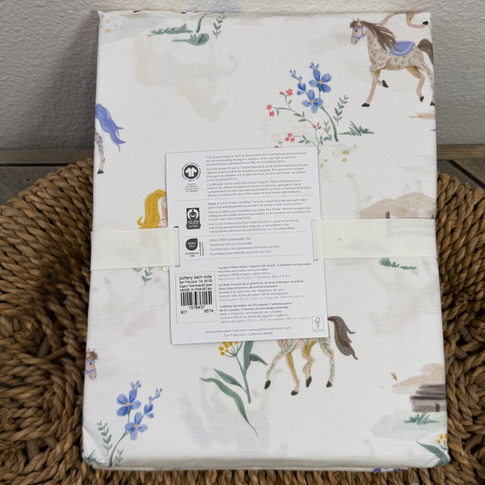 POTTERY BARN KIDS FLORAL HORSE ORGANIC COTTON SHEET SET, QUEEN ~ MULTI