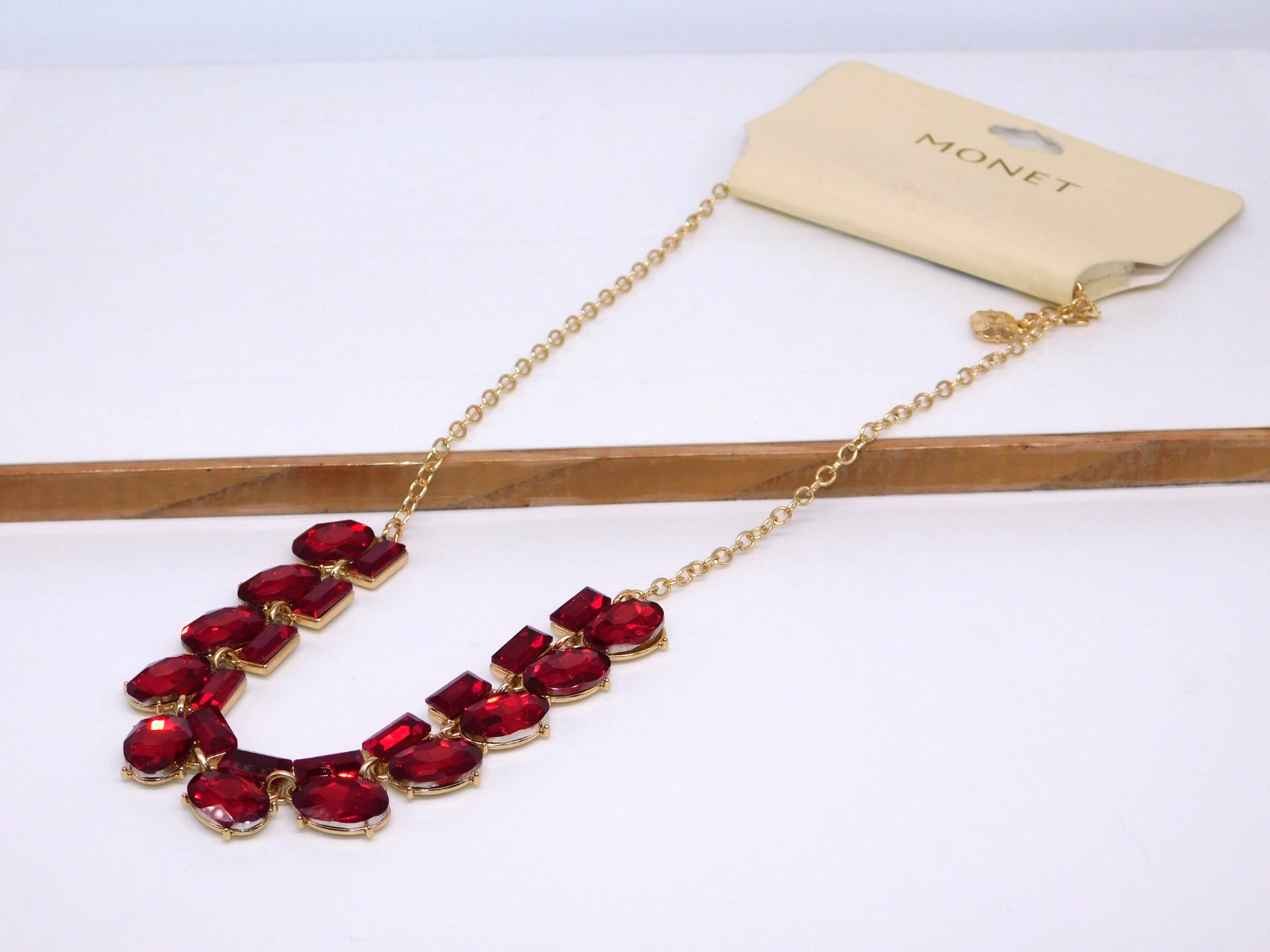 MONET Red Faceted Glass Rhinestone Statement Necklace New with Tag