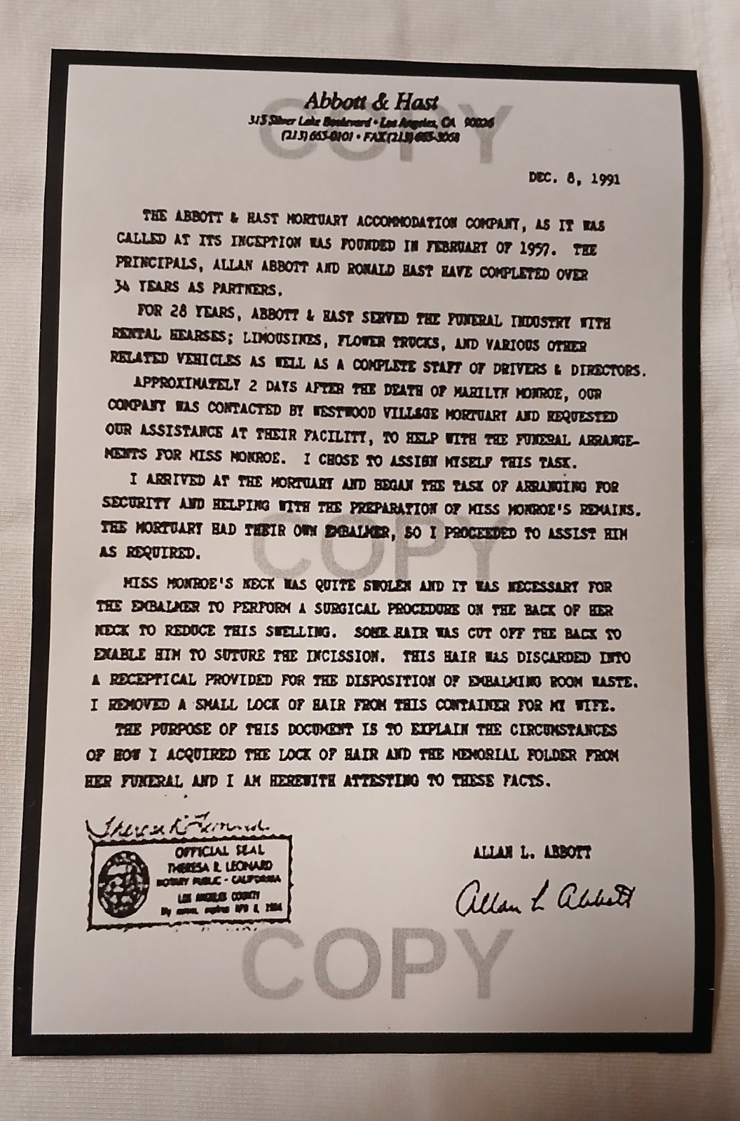 Authentic Marilyn Monroe Hair Strand Lock Relic Collectible With COA Norma Jeane