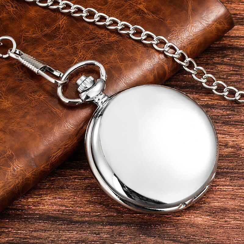 Silver Smooth Quartz Pocket Watch Roman Numerals Dial Fob Chain for Men Women